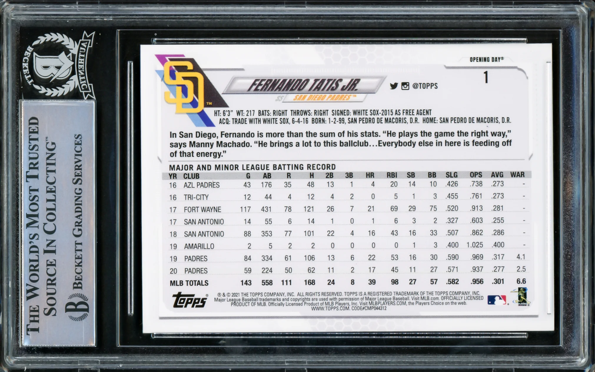 Fernando Tatis Jr. Autographed 2021 Topps Opening Day Card #1 San Diego Padres Beckett BAS #15782265 - Image 2