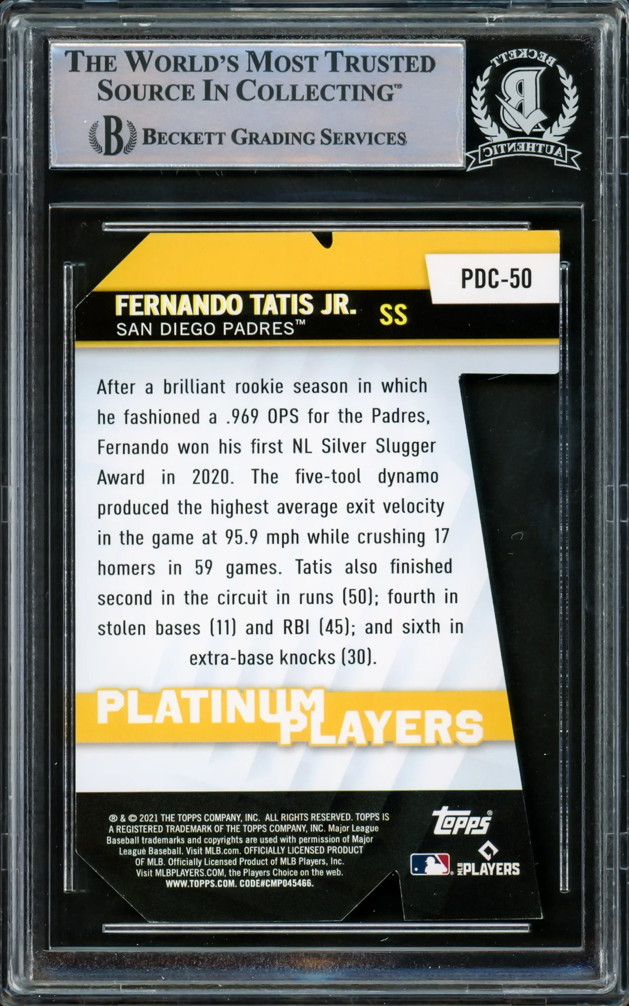 Fernando Tatis Jr. Autographed 2021 Topps Platinum Players Die Cuts Card #PDC-50 San Diego Padres Beckett BAS #15782276 - Image 2