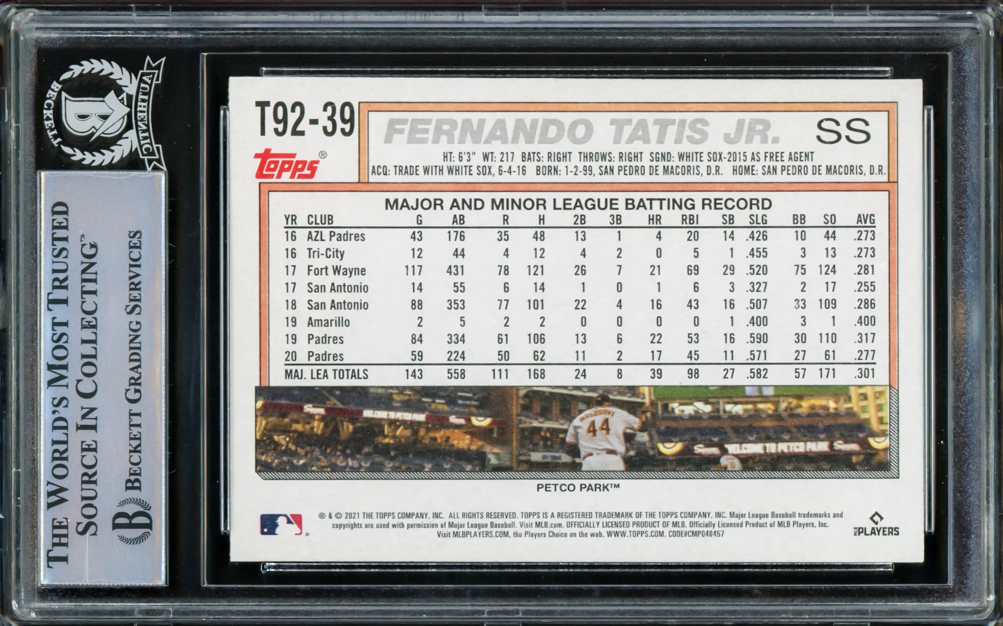 Fernando Tatis Jr. Autographed 2021 Topps Update 1992 Style Card #T92-39 San Diego Padres Beckett BAS #15782374 - Image 2