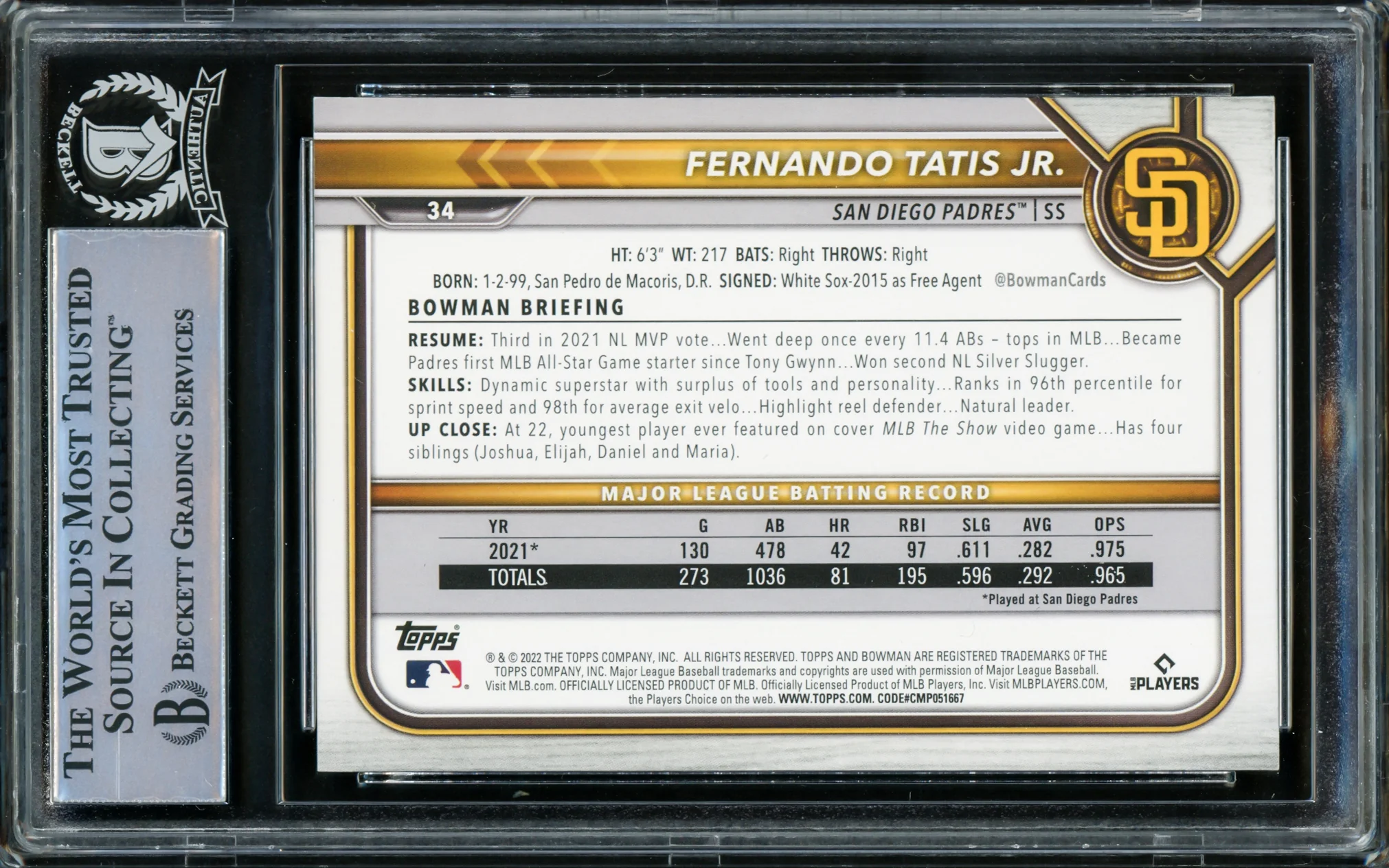 Fernando Tatis Jr. Autographed 2022 Bowman Card #34 San Diego Padres Beckett BAS Stock #216879 - Image 2