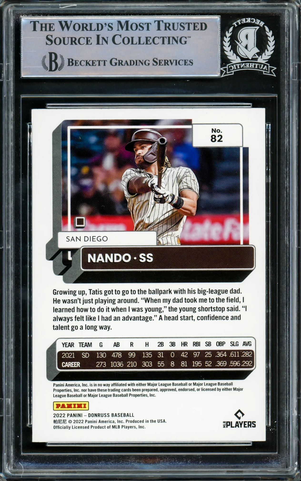 Fernando Tatis Jr. Autographed 2022 Donruss Card #82 San Diego Padres Beckett BAS #15782401 - Image 2