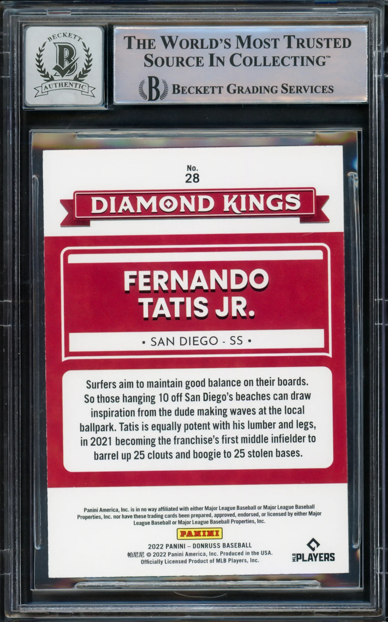 Fernando Tatis Jr. Autographed 2022 Donruss Diamond Kings Card #28 San Diego Padres Auto Grade Gem Mint 10 Beckett BAS Stock #216679 - Image 2