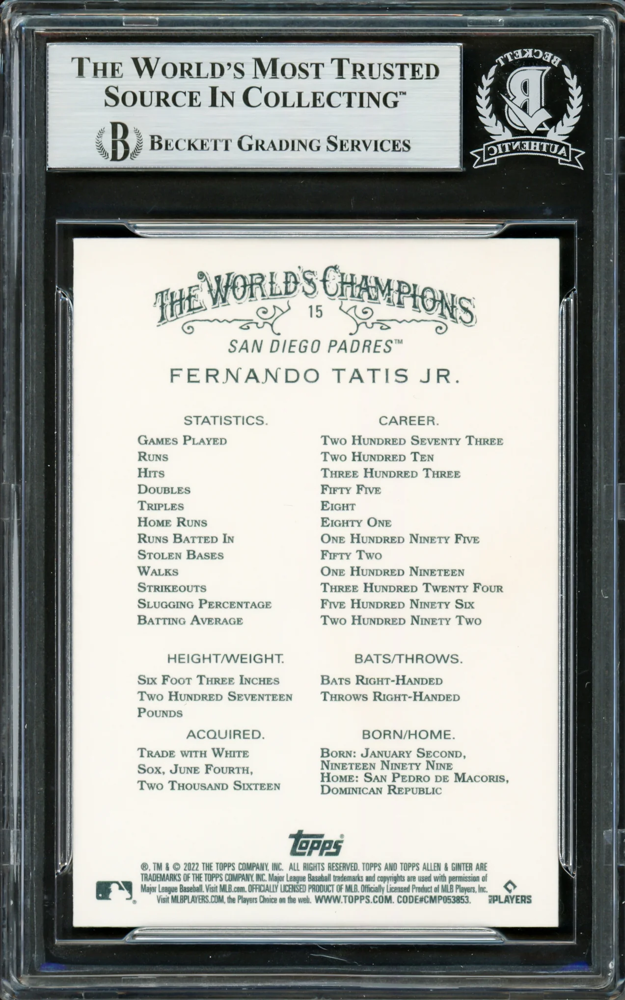 Fernando Tatis Jr. Autographed 2022 Topps Allen & Ginter Card #15 San Diego Padres Beckett BAS Stock #228050 - Image 2
