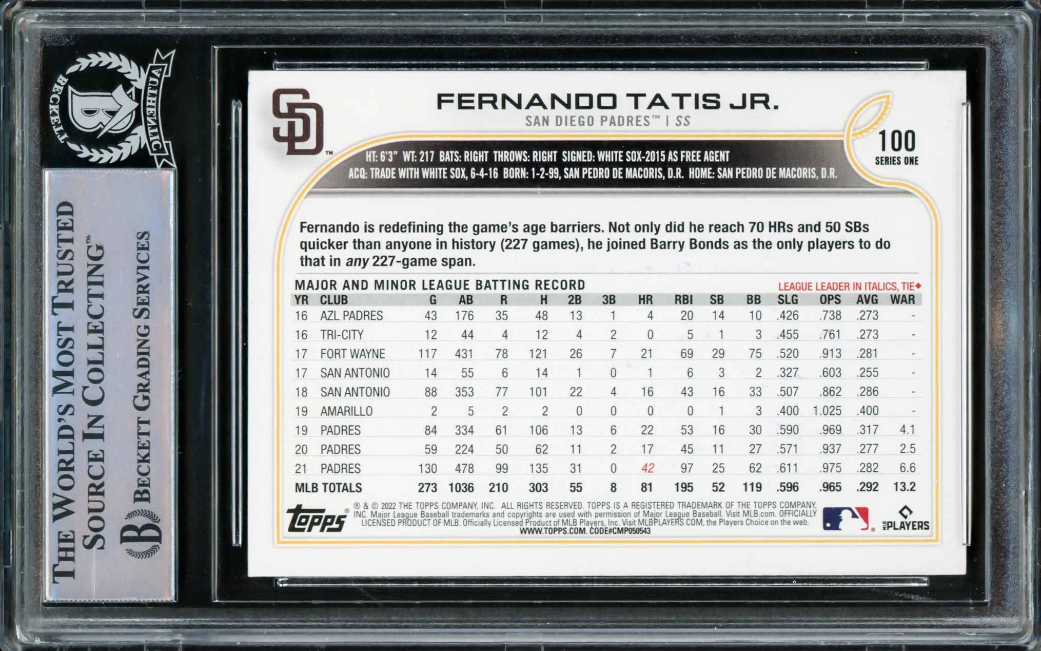 Fernando Tatis Jr. Autographed 2022 Topps Card #100 San Diego Padres Beckett BAS Stock #216880 - Image 2