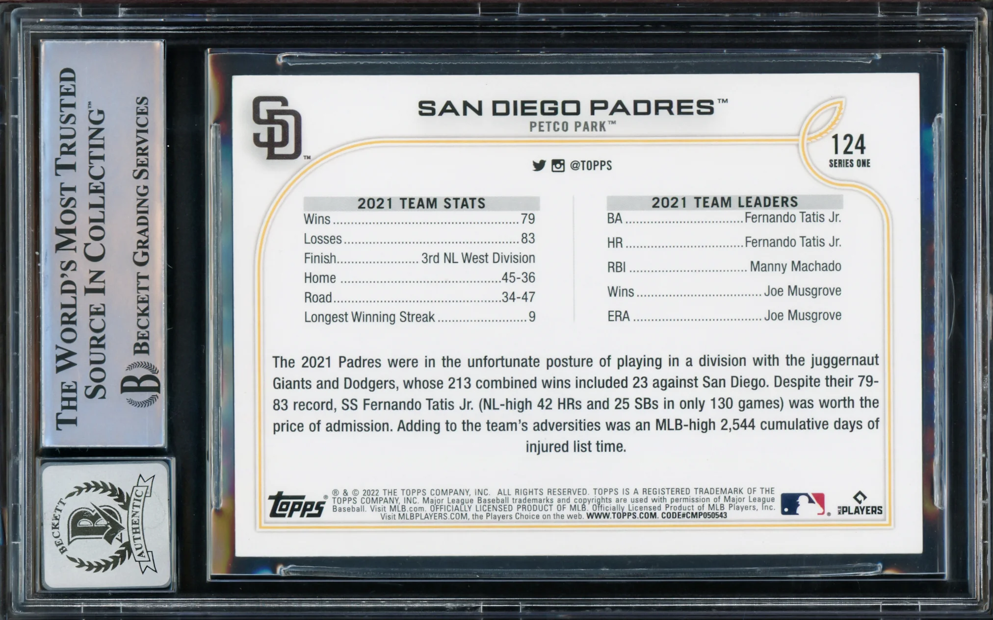 Fernando Tatis Jr. Autographed 2022 Topps Card #124 San Diego Padres Auto Grade Gem Mint 10 Beckett BAS Stock #216682 - Image 2