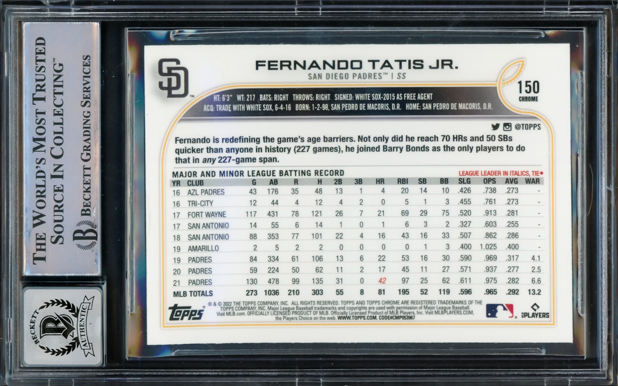 Fernando Tatis Jr. Autographed 2022 Topps Chrome Card #150 San Diego Padres Auto Grade Gem Mint 10 Beckett BAS #15775440 - Image 2