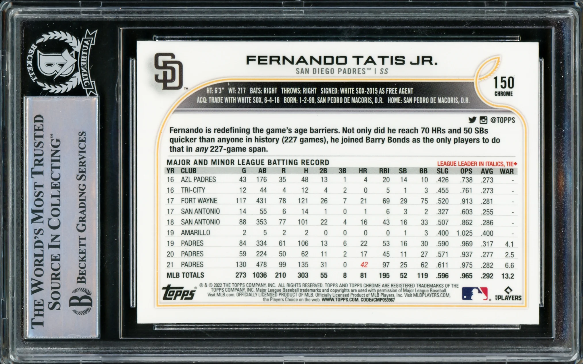 Fernando Tatis Jr. Autographed 2022 Topps Chrome Card #150 San Diego Padres Beckett BAS #15782581 - Image 2