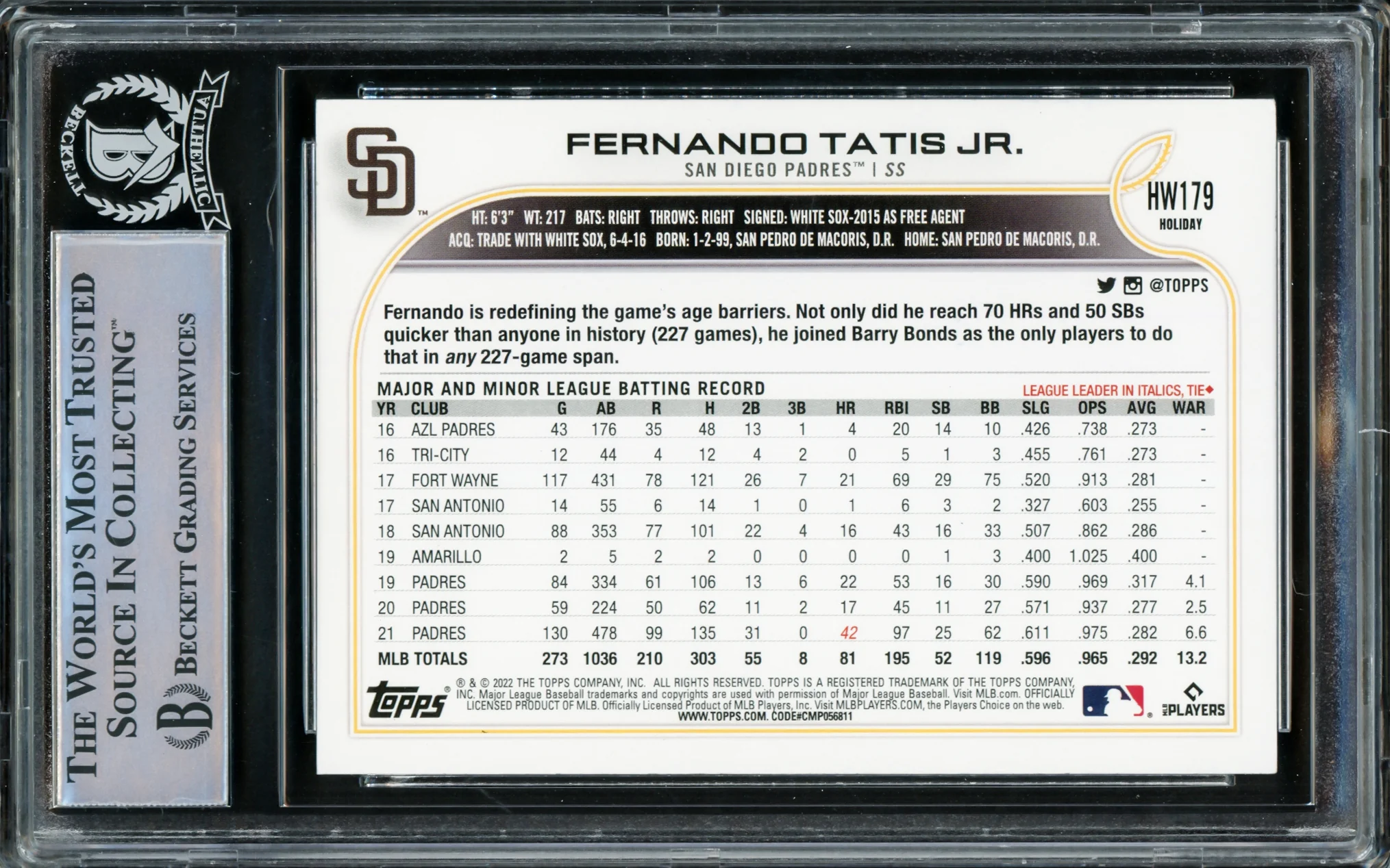 Fernando Tatis Jr. Autographed 2022 Topps Holiday Card #HW179 San Diego Padres Beckett BAS #15782568 - Image 2
