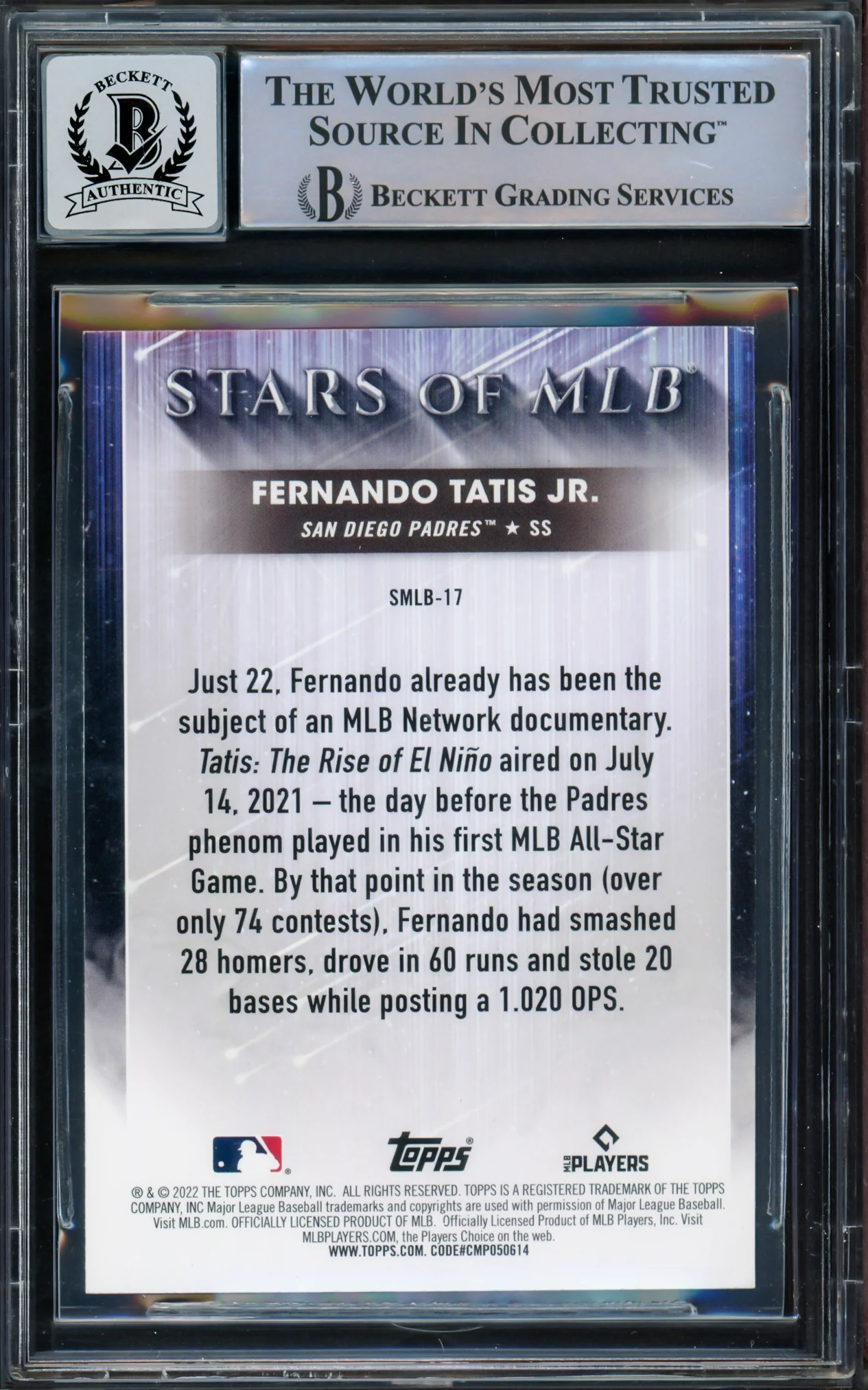Fernando Tatis Jr. Autographed 2022 Topps Stars of MLB Card #SMLB-17 San Diego Padres Auto Grade Gem Mint 10 Beckett BAS #15775431 - Image 2