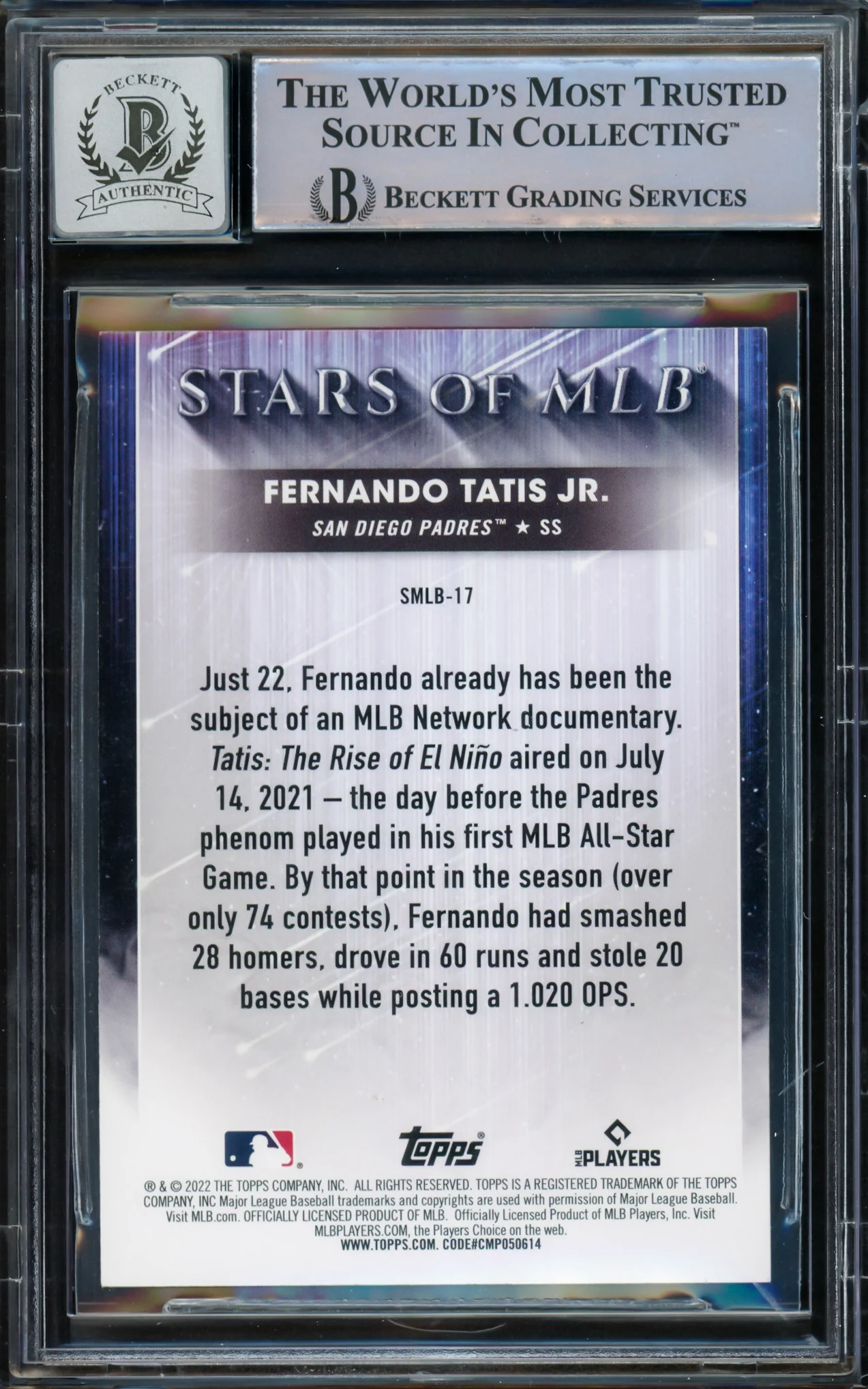 Fernando Tatis Jr. Autographed 2022 Topps Stars of MLB Card #SMLB-17 San Diego Padres Auto Grade Gem Mint 10 Beckett BAS #15775434 - Image 2