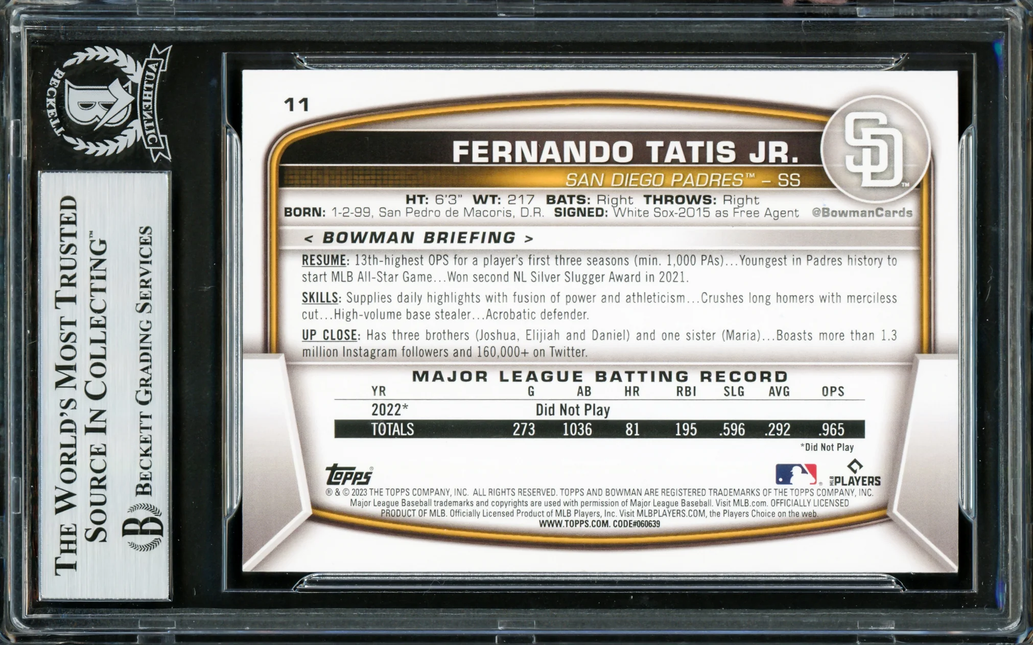 Fernando Tatis Jr. Autographed 2023 Bowman Card #11 San Diego Padres Beckett BAS Stock #228051 - Image 2