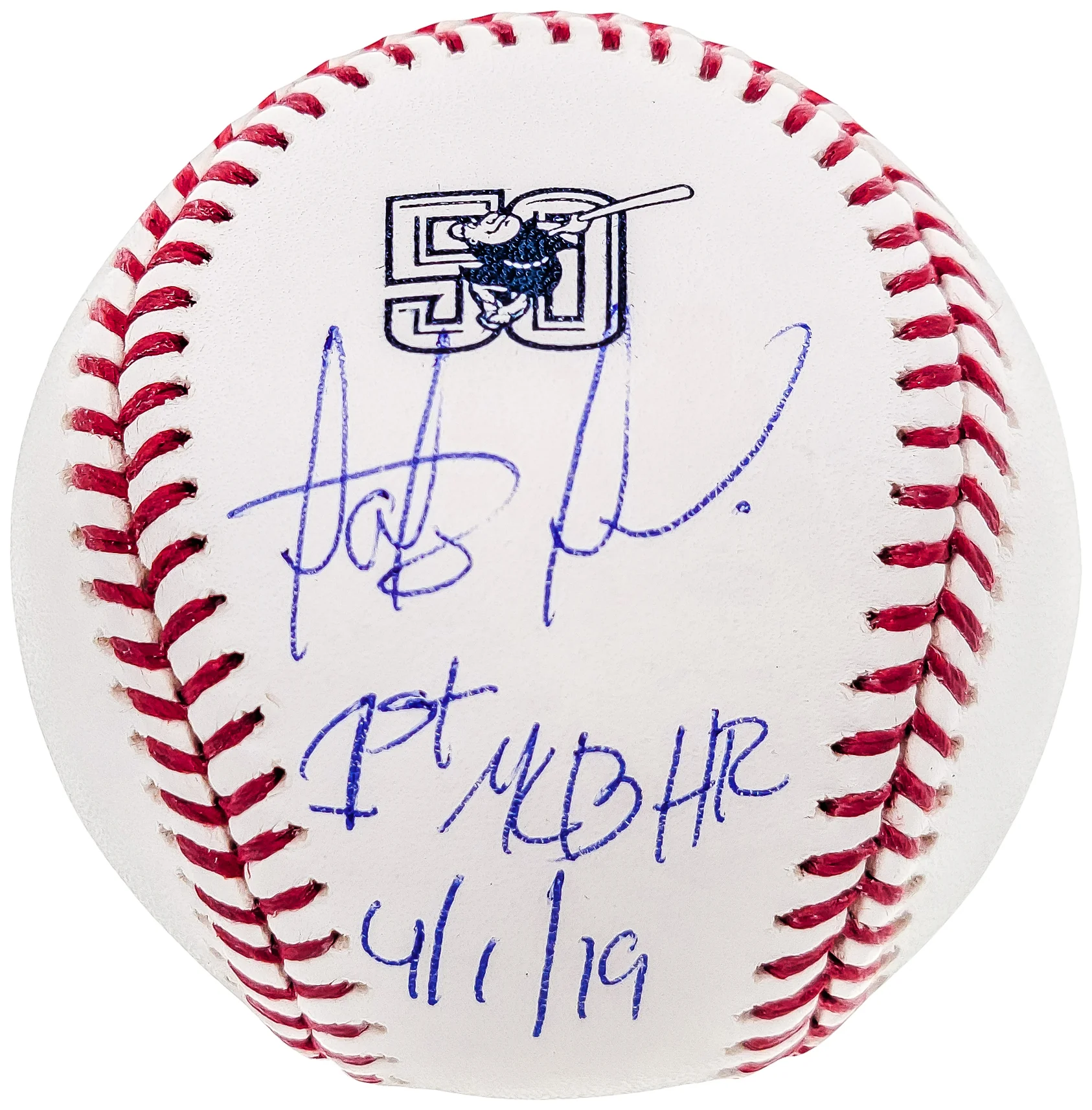 Fernando Tatis Jr. Autographed Official MLB 50th Anniversary Logo Baseball San Diego Padres "1st MLB HR 4/1/19" JSA #SD53983
