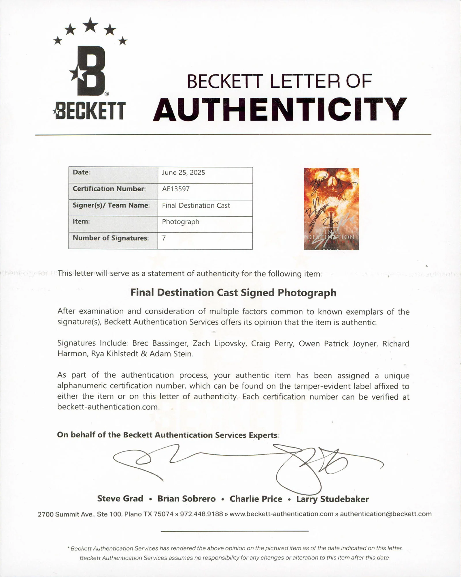 Final Destination Bloodlines Bassinger, Perry, +5 Signed 8x10 Photo BAS #AE13597 - Image 3