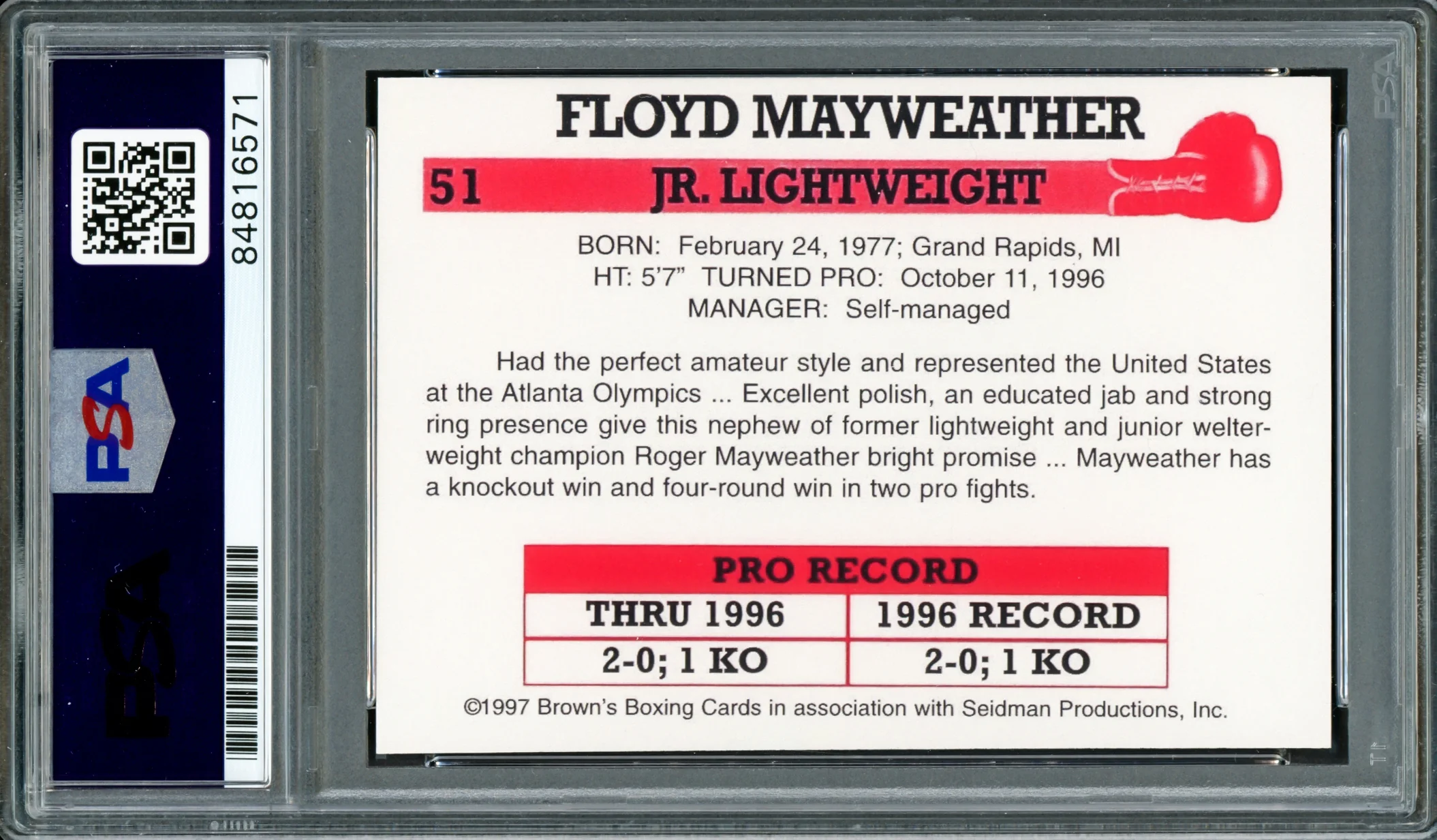 Floyd Mayweather Jr Autographed 1997 Brown's Boxing Rookie Retro Reprint Rookie Card #51 "$" Money PSA/DNA #84816571 - Image 2