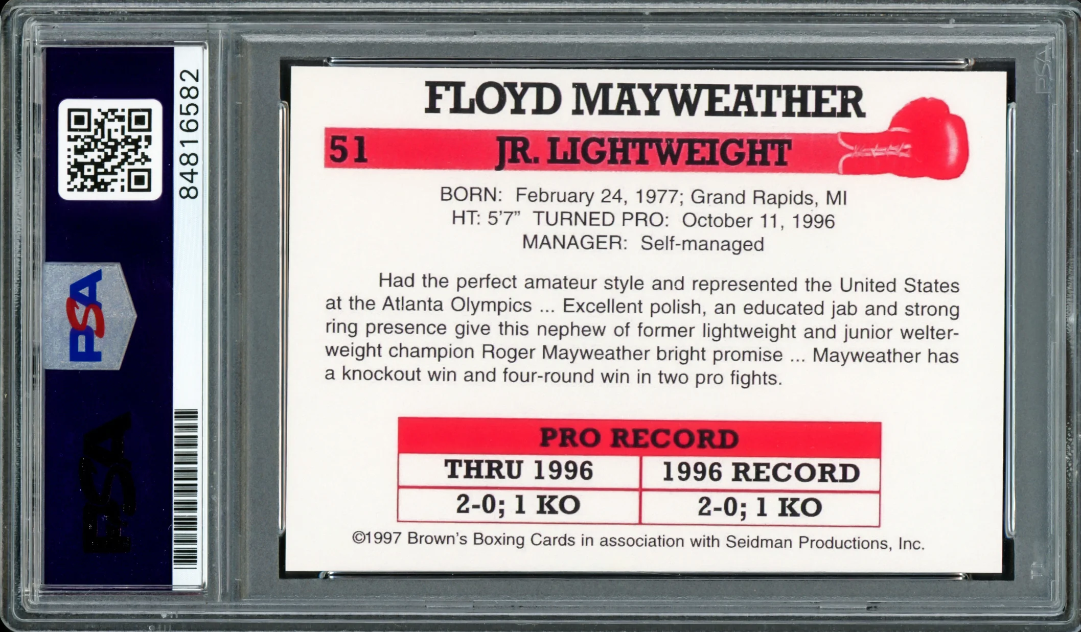 Floyd Mayweather Jr Autographed 1997 Brown's Boxing Rookie Retro Reprint Rookie Card #51 PSA/DNA Stock #211860 - Image 2