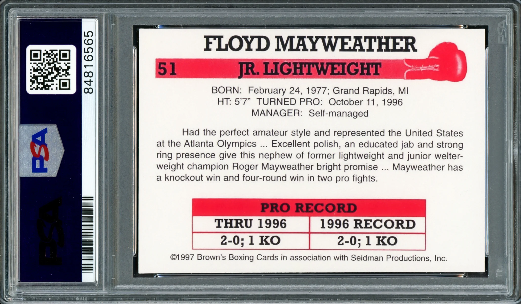 Floyd Mayweather Jr Autographed 1997 Brown's Boxing Rookie Retro Reprint Rookie Card #51 "TMT" The Money Team PSA/DNA Stock #211859 - Image 2