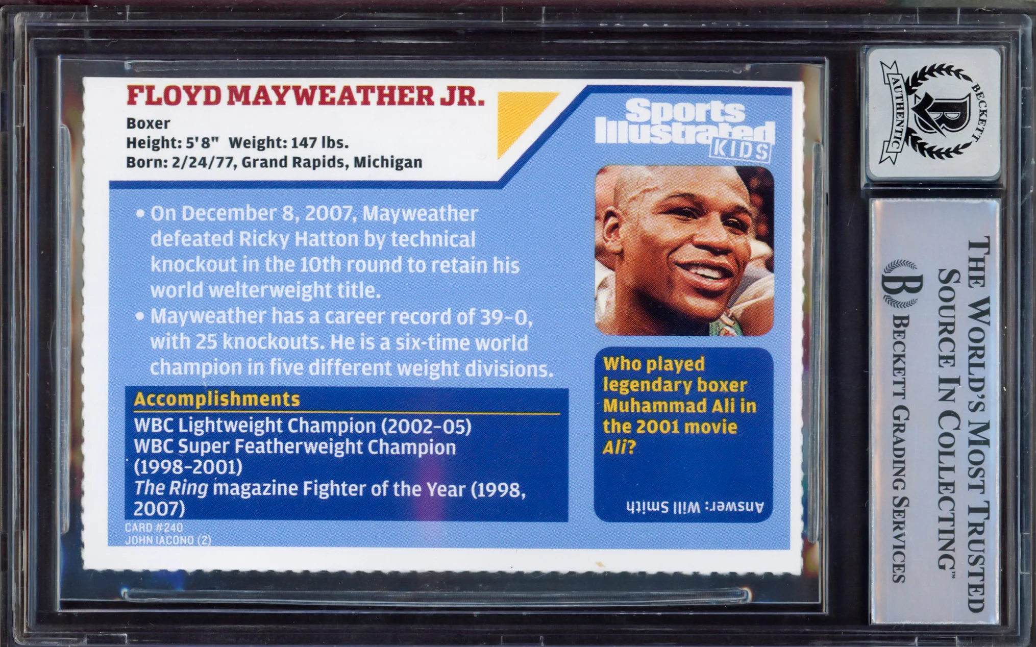 Floyd Mayweather Jr. Autographed 2008 Sports Illustrated SI for Kids Rookie Card #240 Auto Grade Gem Mint 10 Beckett BAS #15496804 - Image 2