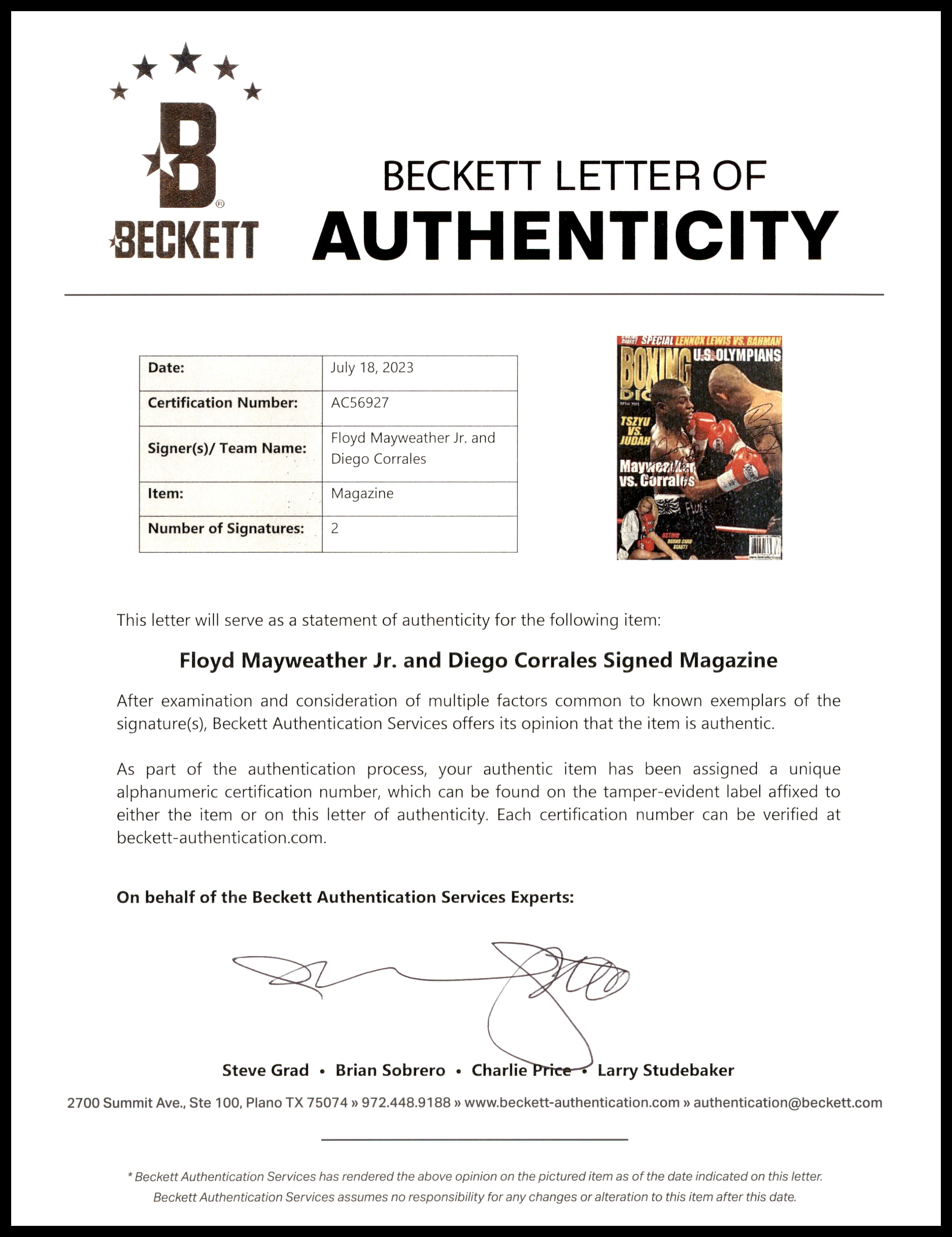 Floyd Mayweather Jr. & Diego Corrales Autographed Boxing Digest Magazine Beckett BAS #AC56927 - Image 3
