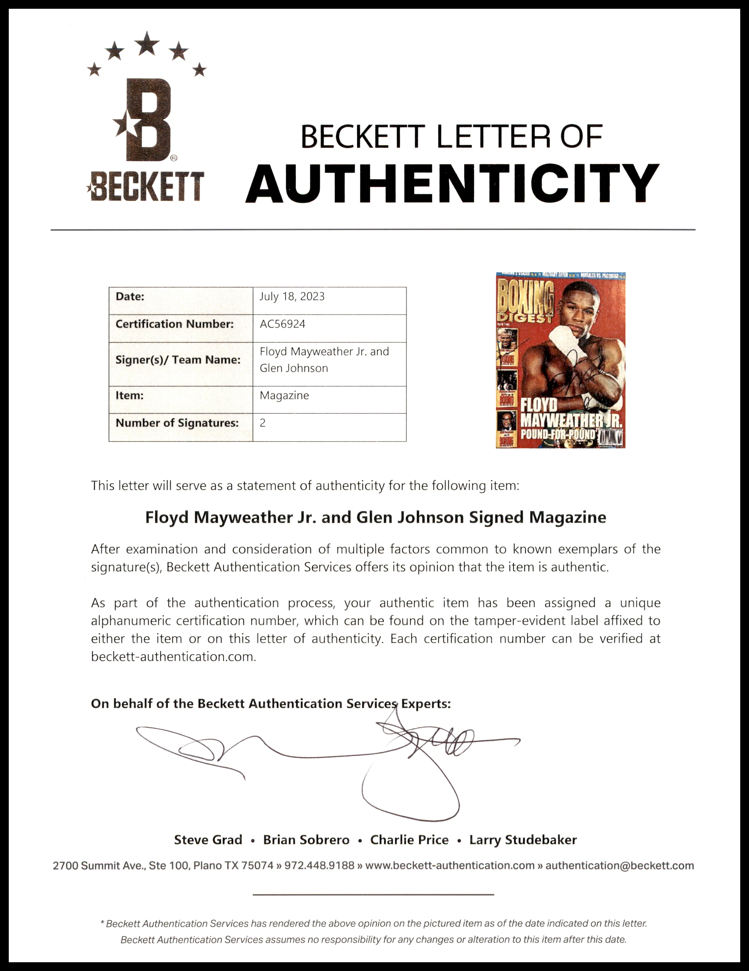Floyd Mayweather Jr. & Glen Johnson Autographed Boxing Digest Magazine (Smudged) Beckett BAS #AC56924 - Image 3