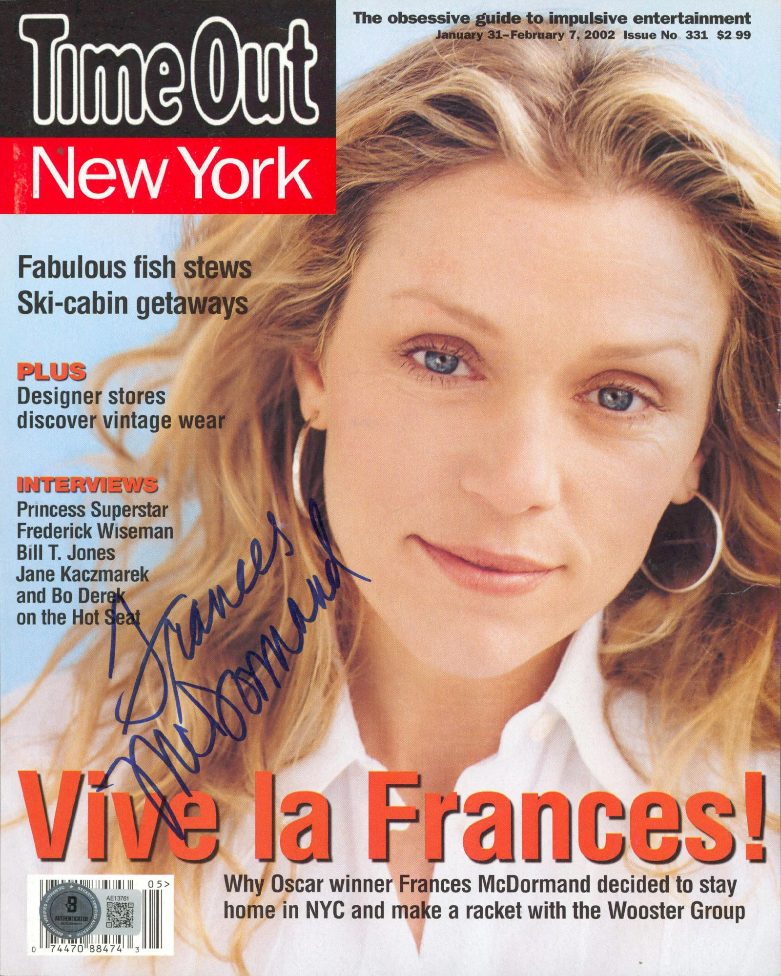 Frances McDormand Signed Time Out New York Magazine Cover Jan 2002 BAS #AE13761 - Image 2