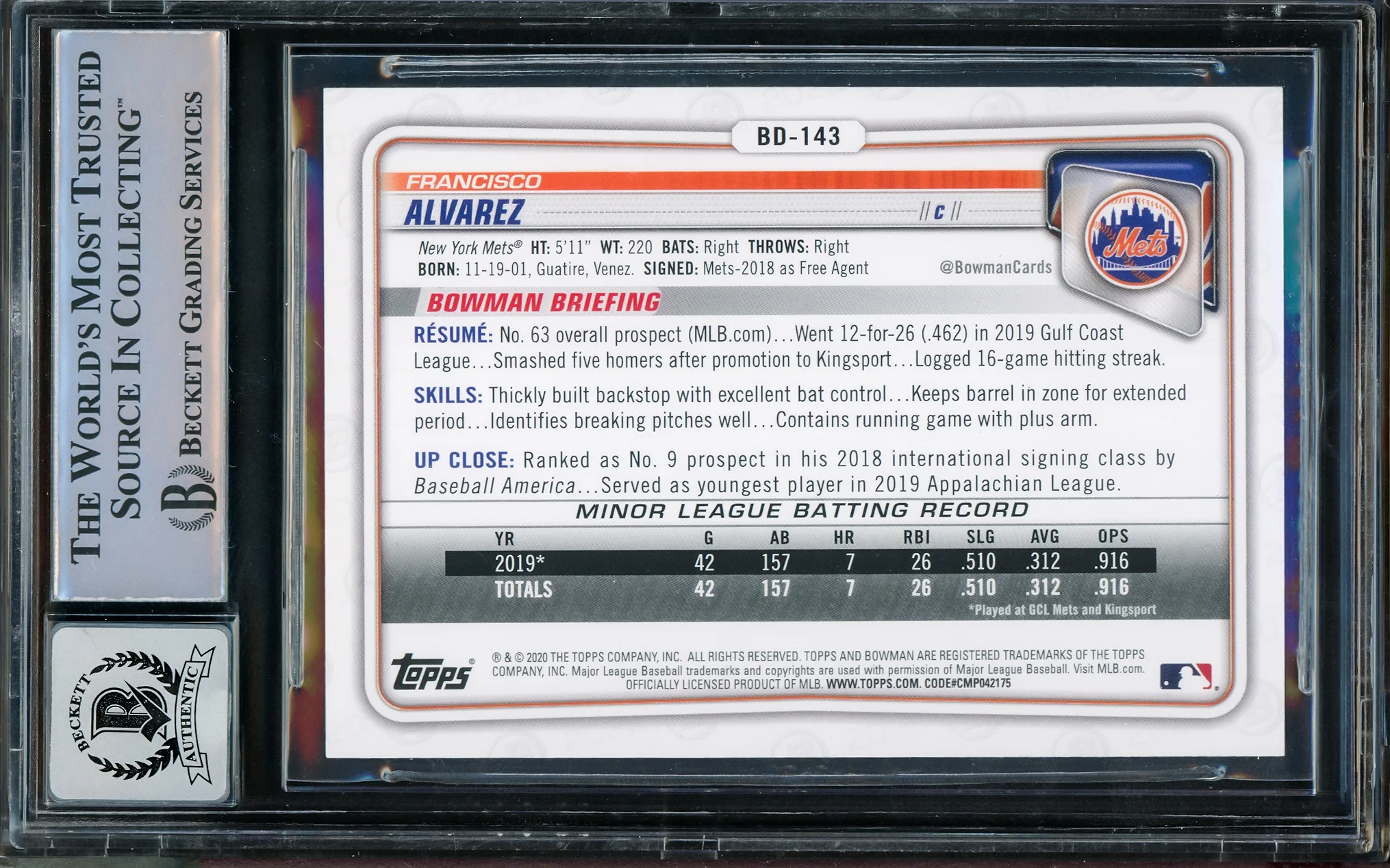 Francisco Alvarez Autographed 2020 Bowman Draft Rookie Card #BD-143 New York Mets Auto 10 Beckett BAS Stock #210517 - Image 2