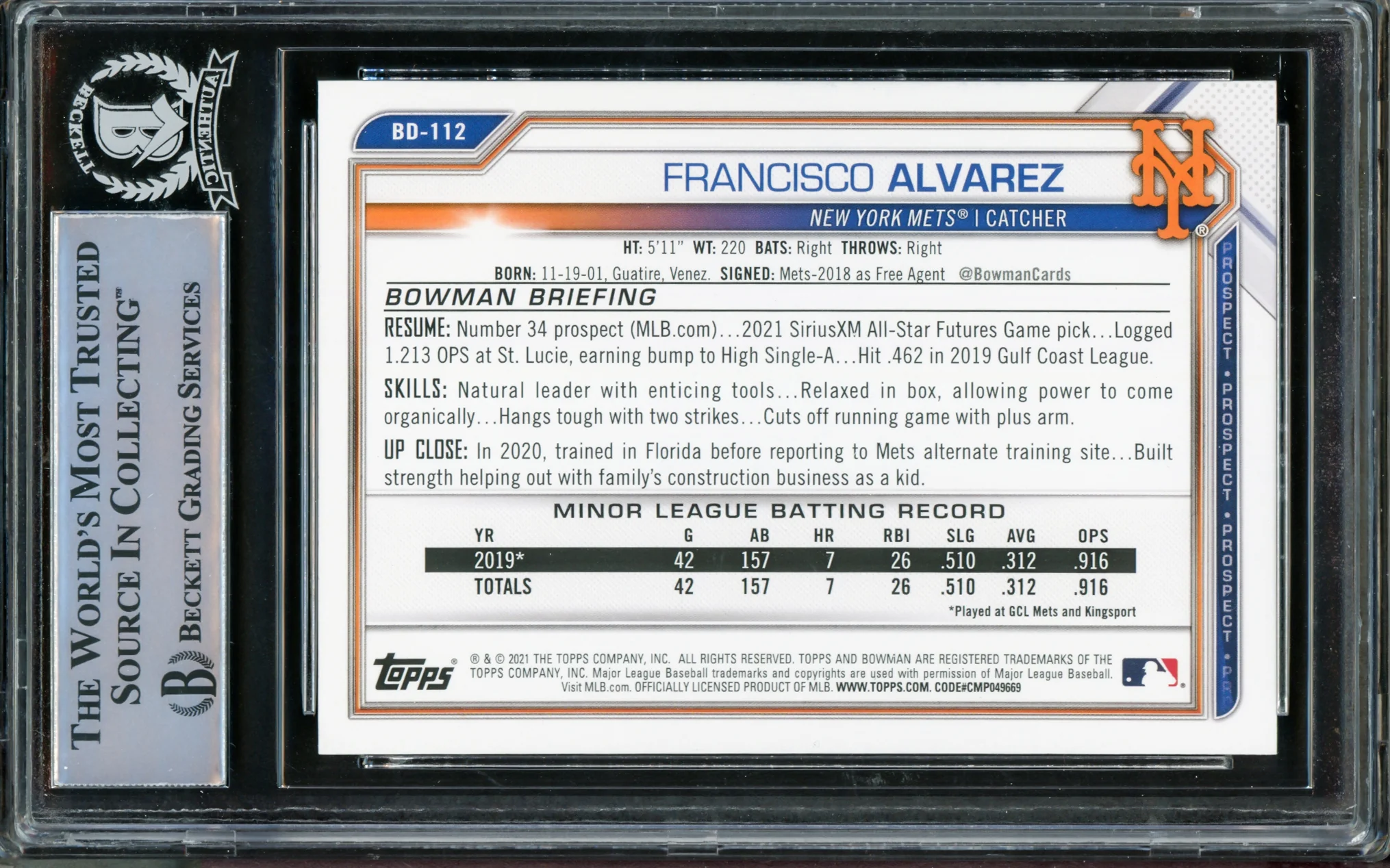 Francisco Alvarez Autographed 2021 Bowman Draft Rookie Card #BD-112 New York Mets Full Name Beckett BAS Stock #210493 - Image 2