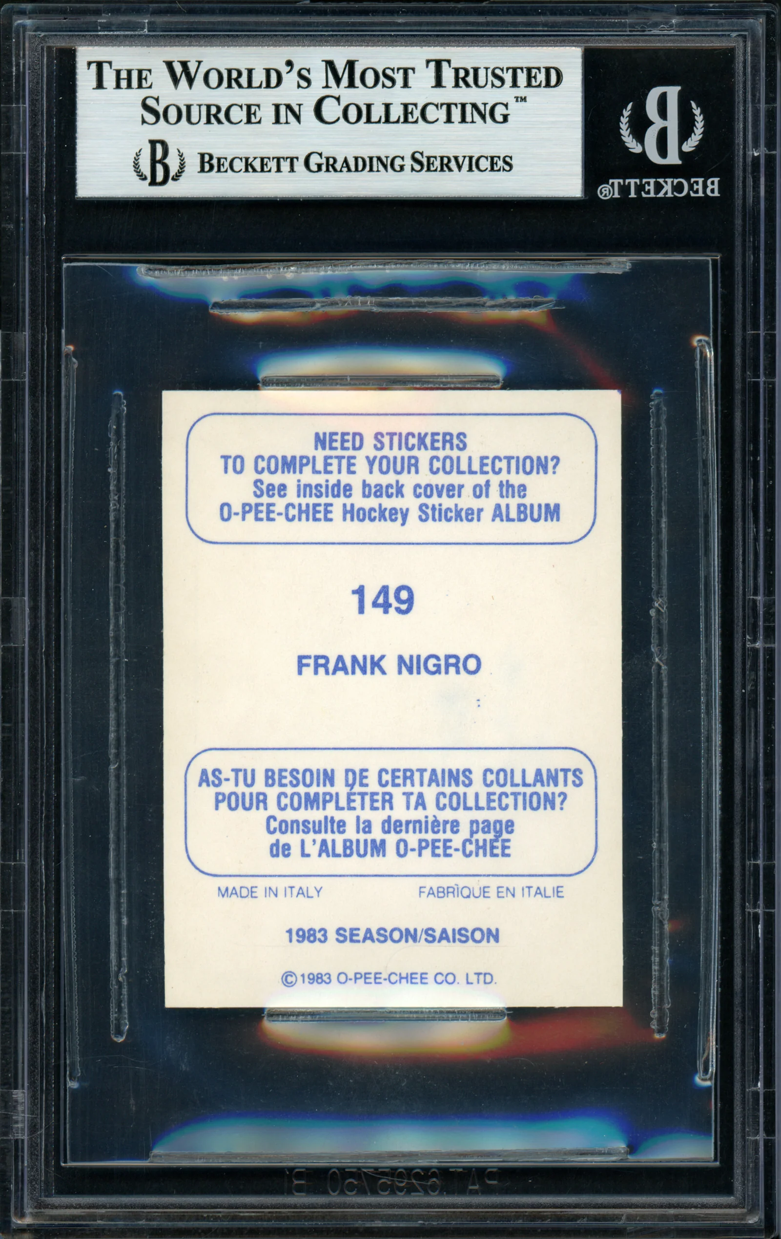 Frank Nigro Autographed 1983-84 O-Pee-Chee Sticker Card #149 Toronto Maple Leafs Beckett BAS #11482592 - Image 2