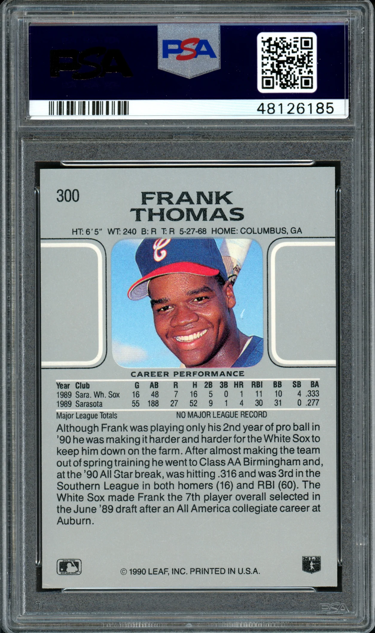 Frank Thomas Autographed 1990 Leaf Rookie Card #300 Chicago White Sox Auto Grade 10 Card Grade 8.5 PSA/DNA #48126185 - Image 2