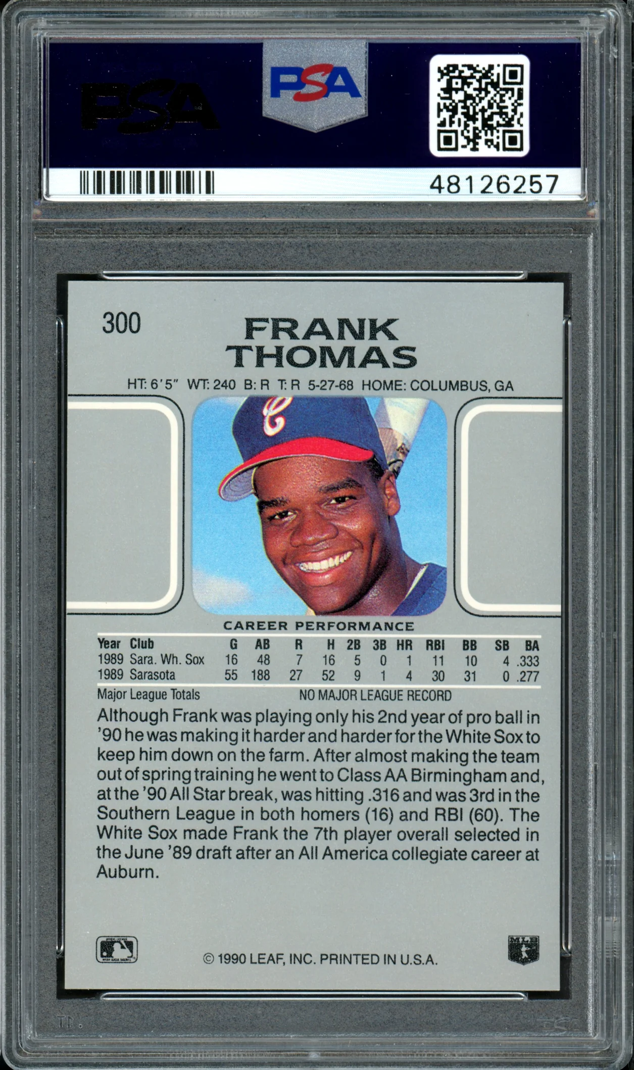 Frank Thomas Autographed 1990 Leaf Rookie Card #300 Chicago White Sox Auto Grade 9 Card Grade 8.5 PSA/DNA #48126257 - Image 2