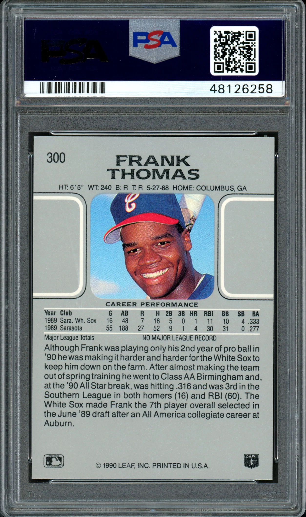 Frank Thomas Autographed 1990 Leaf Rookie Card #300 Chicago White Sox Auto Grade 9 Card Grade Gem-MT 10 PSA/DNA #48126258 - Image 2