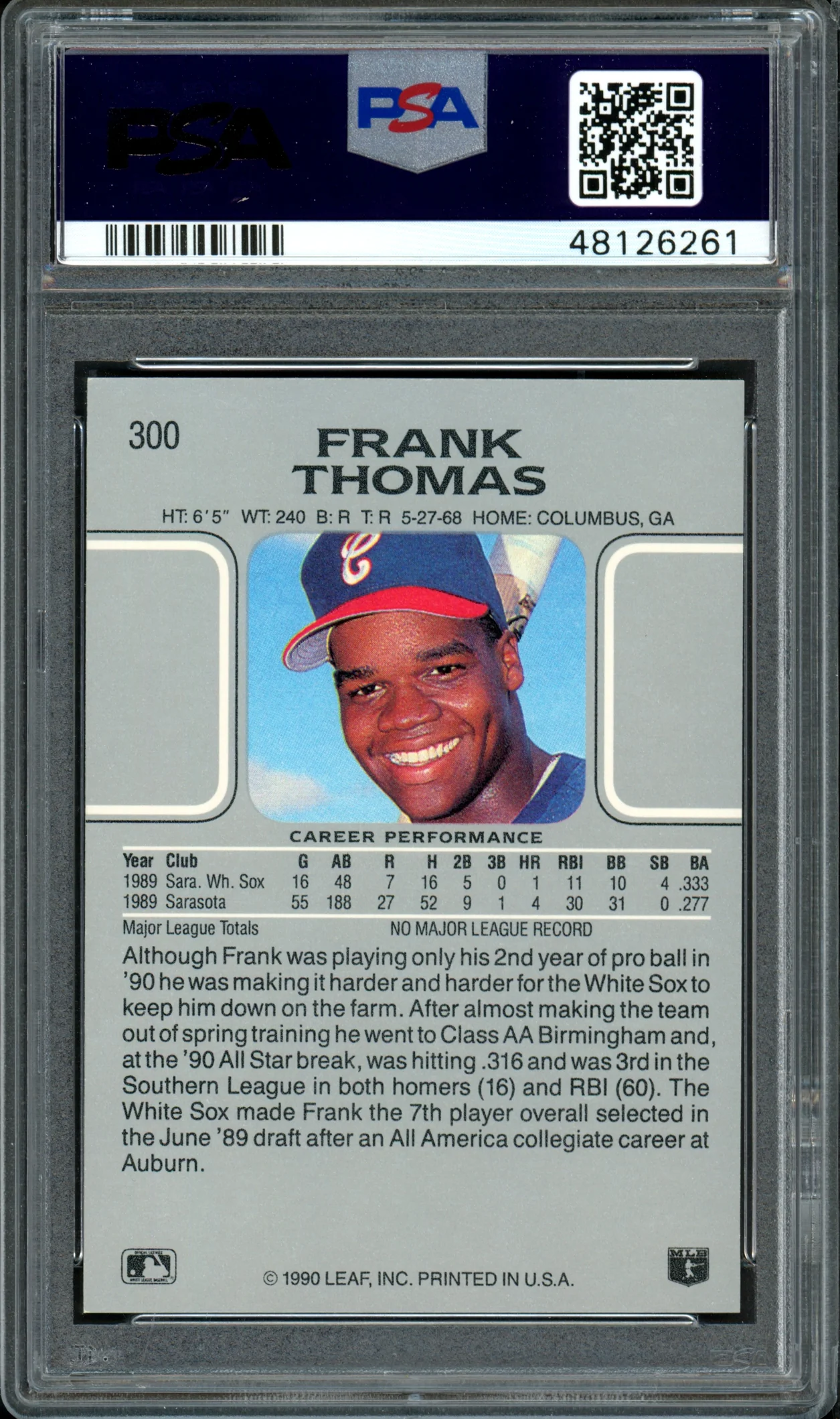 Frank Thomas Autographed 1990 Leaf Rookie Card #300 Chicago White Sox Auto Grade 9 Card Grade Gem-MT 10 PSA/DNA #48126261 - Image 2