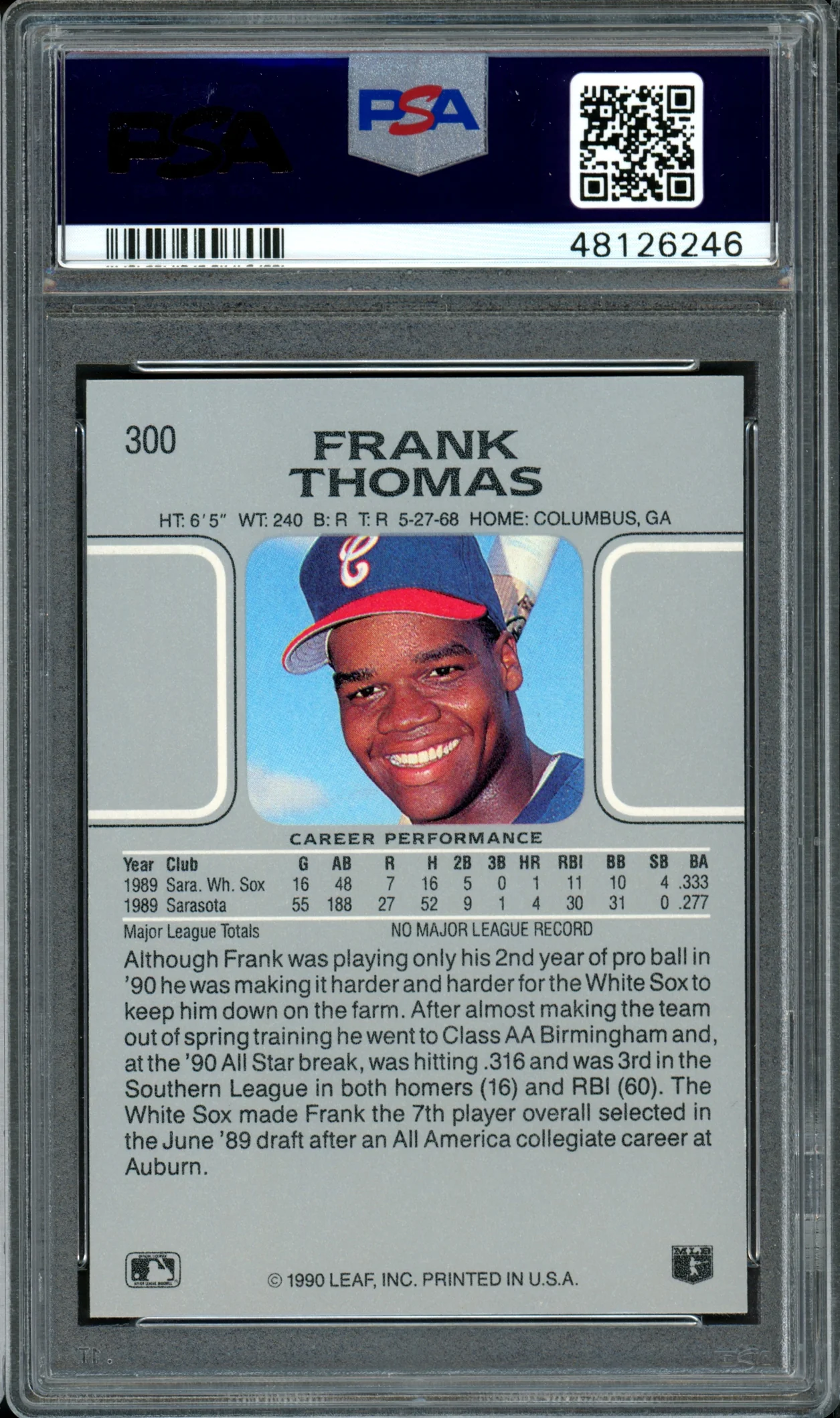 Frank Thomas Autographed 1990 Leaf Rookie Card #300 Chicago White Sox Auto Grade 9 Card Grade Mint 9 PSA/DNA #48126246 - Image 2