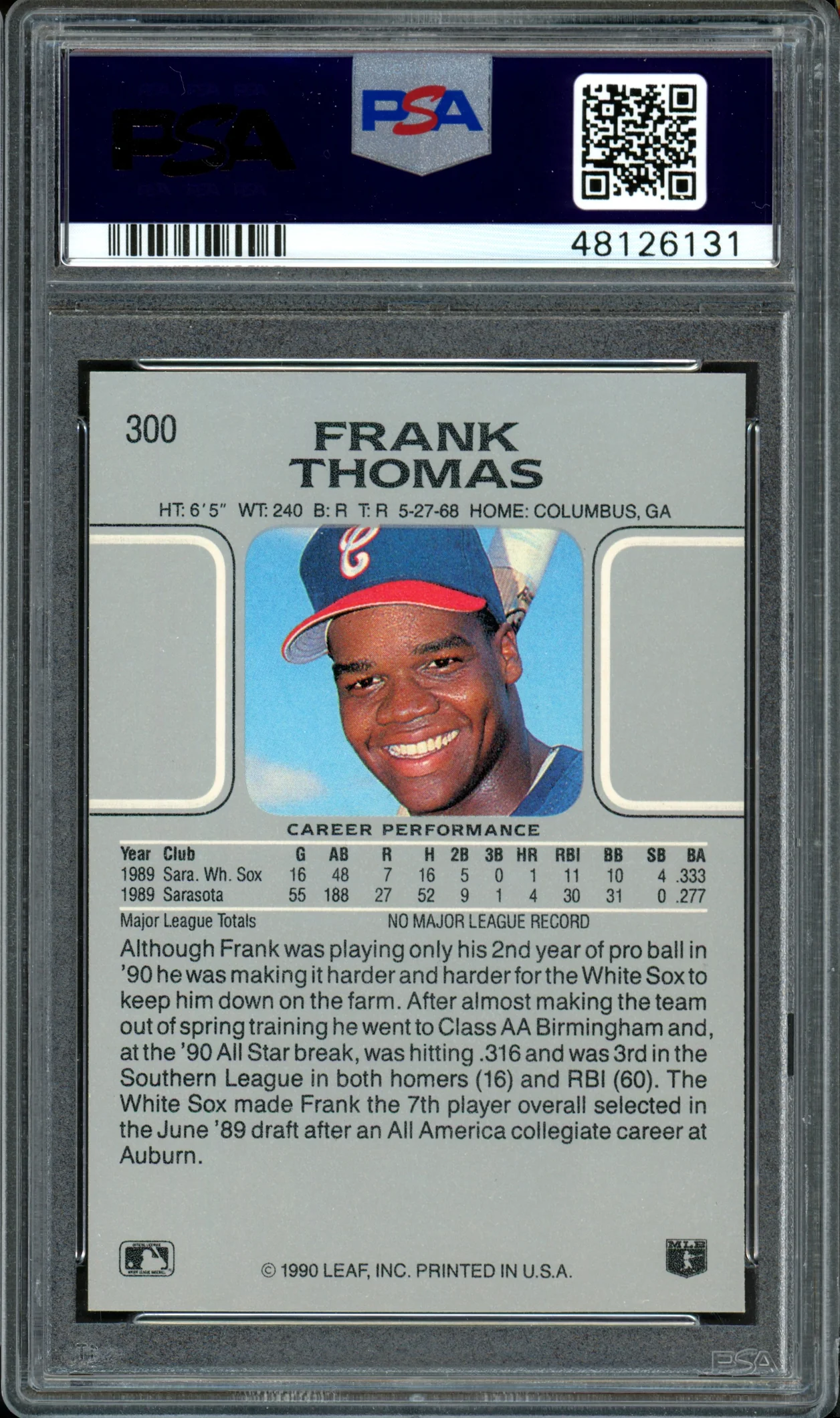 Frank Thomas Autographed 1990 Leaf Rookie Card #300 Chicago White Sox Card Grade Gem-MT 10 PSA/DNA #48126131 - Image 2