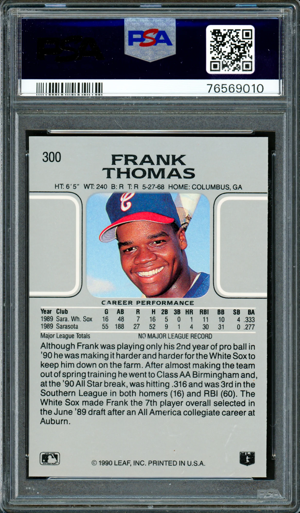 Frank Thomas Autographed 1990 Leaf Rookie Card #300 Chicago White Sox PSA 10 Auto Grade Gem Mint 10 PSA/DNA #76569010 - Image 2