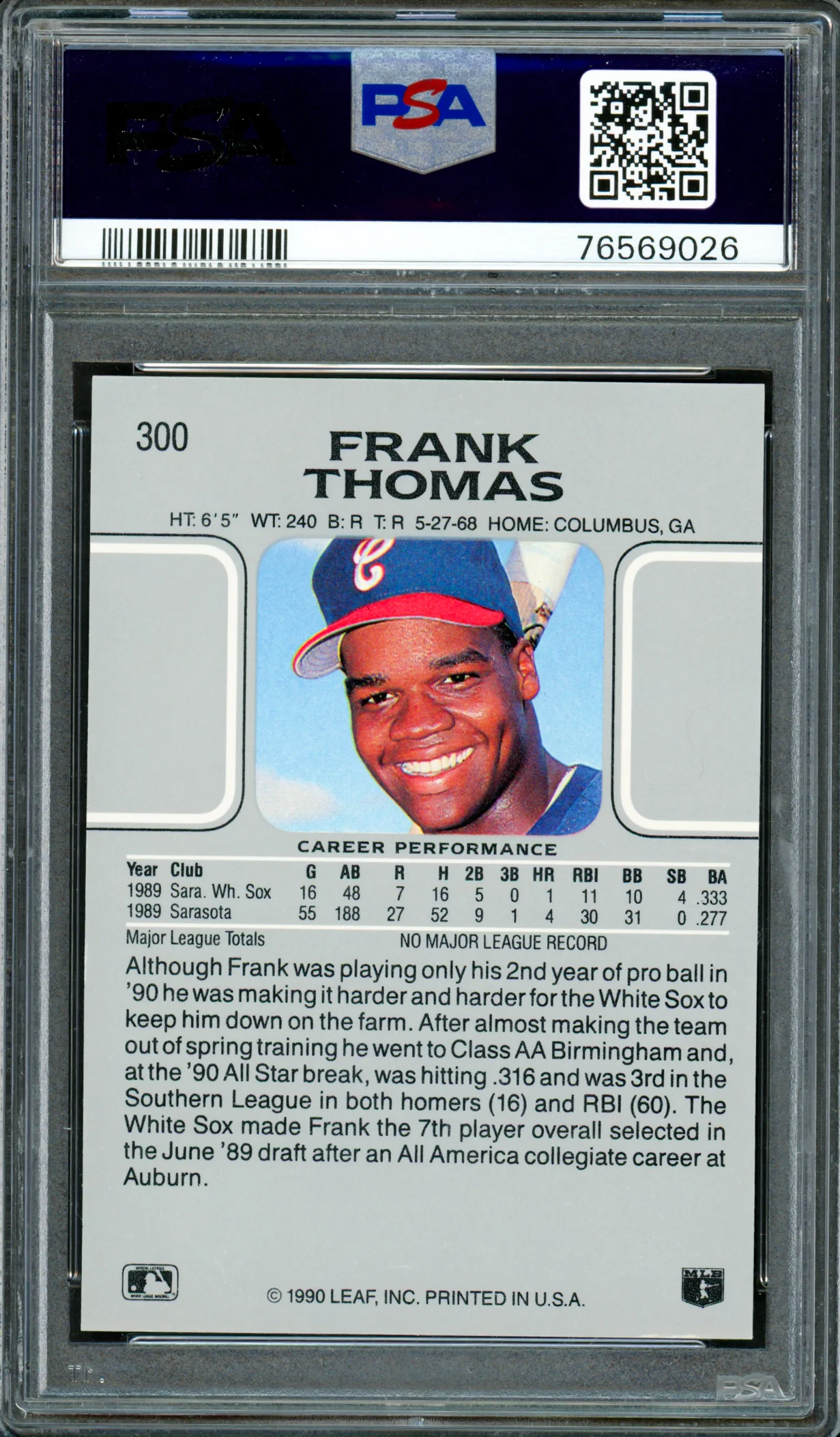 Frank Thomas Autographed 1990 Leaf Rookie Card #300 Chicago White Sox PSA 9 Auto Grade Mint 9 PSA/DNA Stock #262019 - Image 2
