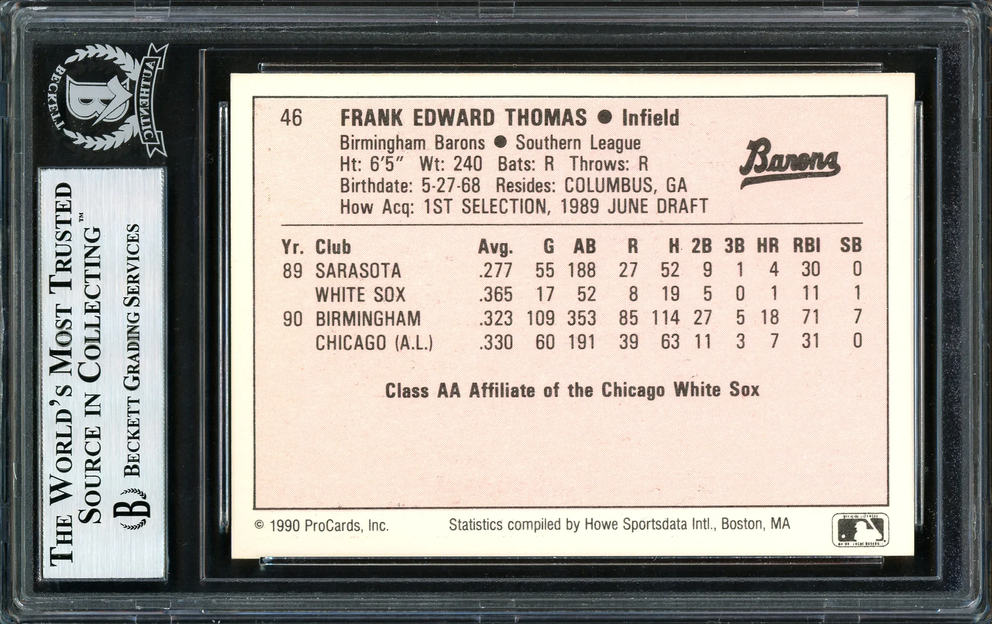 Frank Thomas Autographed 1990 ProCards Rookie Card #46 Birmingham Barons Beckett BAS Stock #185227 - Image 2