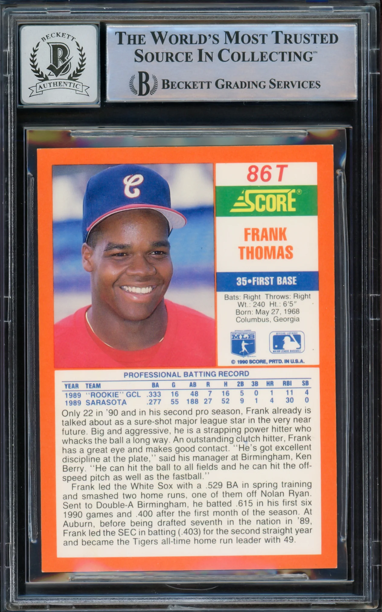 Frank Thomas Autographed 1990 Score Traded Rookie Card #86T Chicago White Sox Auto Grade Gem Mint 10 Beckett BAS Stock #216710 - Image 2