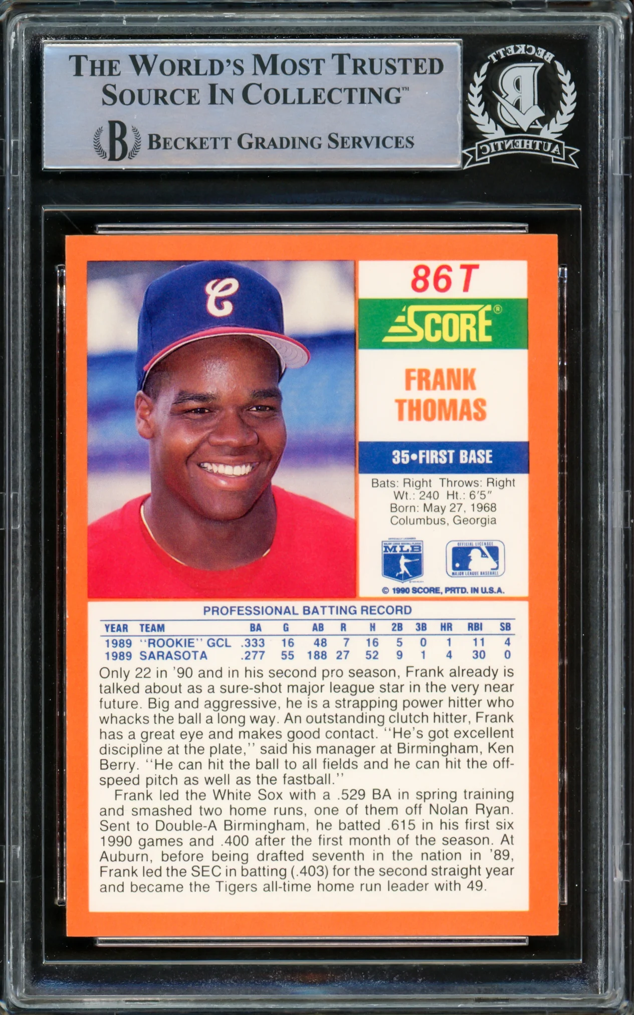 Frank Thomas Autographed 1990 Score Traded Rookie Card #86T Chicago White Sox Beckett BAS Stock #216702 - Image 2