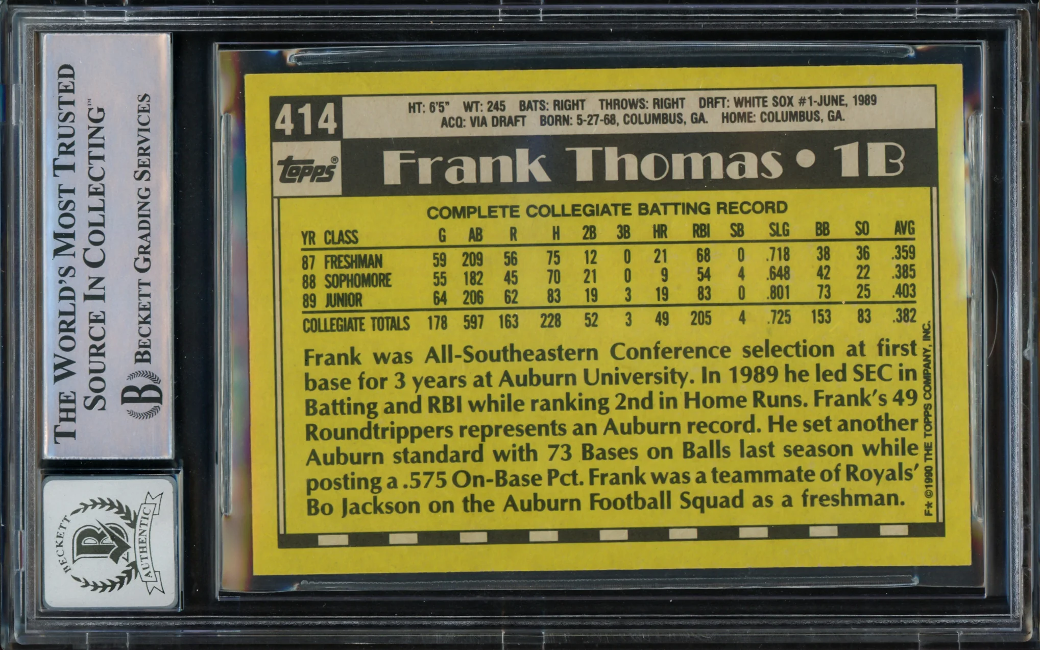 Frank Thomas Autographed 1990 Topps Rookie Card #414 Chicago White Sox Auto Grade Gem Mint 10 Beckett BAS Stock #211362 - Image 2