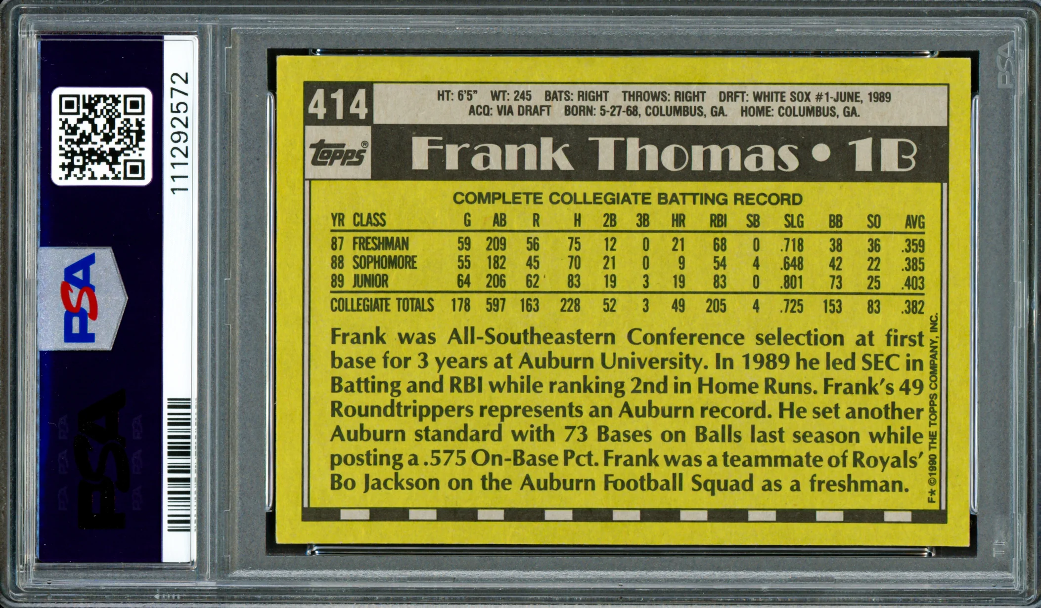 Frank Thomas Autographed 1990 Topps Rookie Card #414 Chicago White Sox PSA 7 Auto Grade Gem Mint 10 PSA/DNA Stock #250511 - Image 2