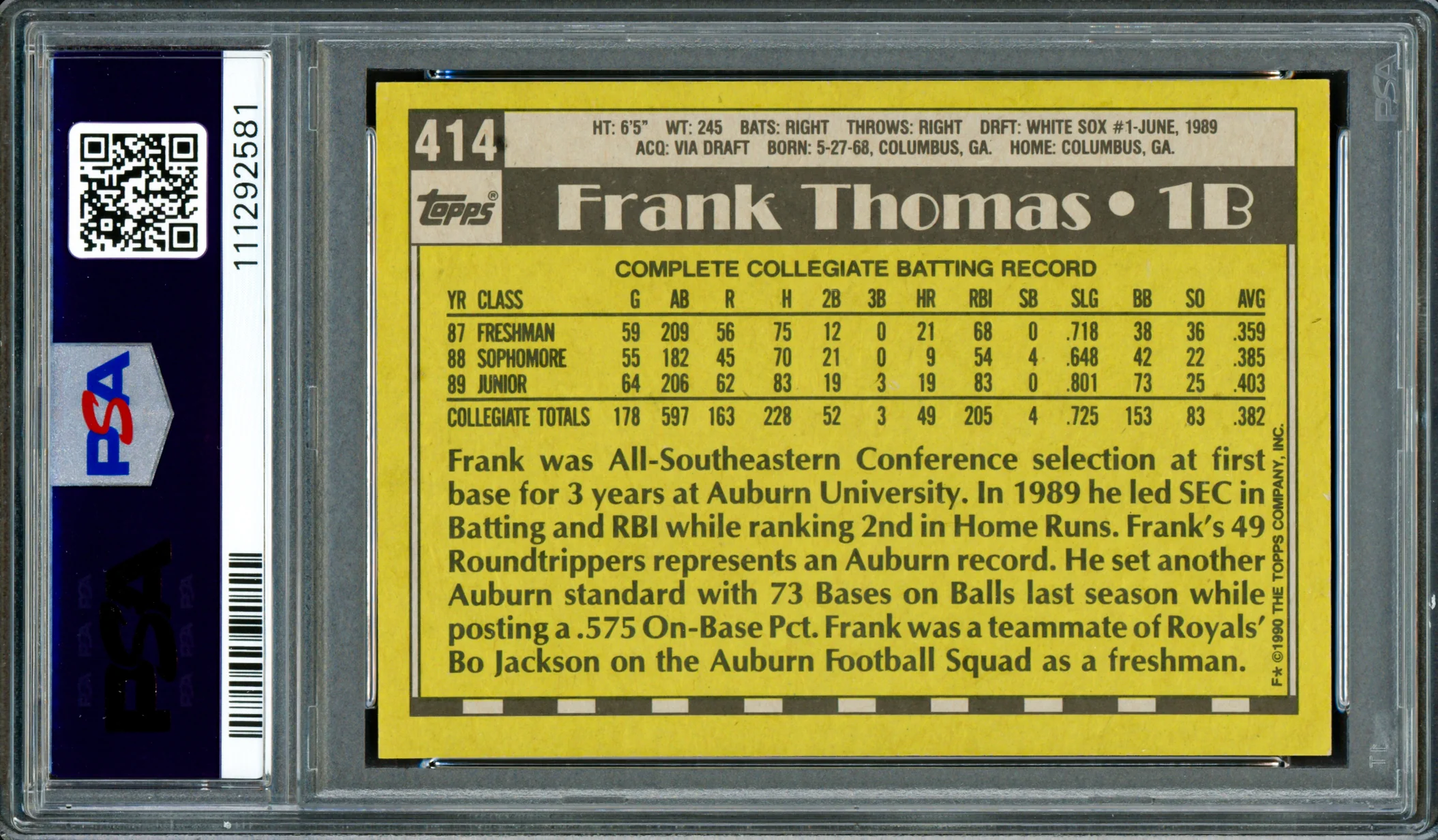 Frank Thomas Autographed 1990 Topps Rookie Card #414 Chicago White Sox PSA 8 Auto Grade Gem Mint 10 PSA/DNA Stock #250510 - Image 2