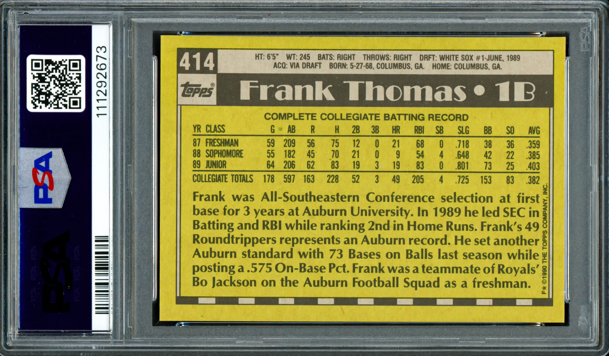 Frank Thomas Autographed 1990 Topps Rookie Card #414 Chicago White Sox PSA 9 Auto Grade Gem Mint 10 PSA/DNA Stock #250509 - Image 2