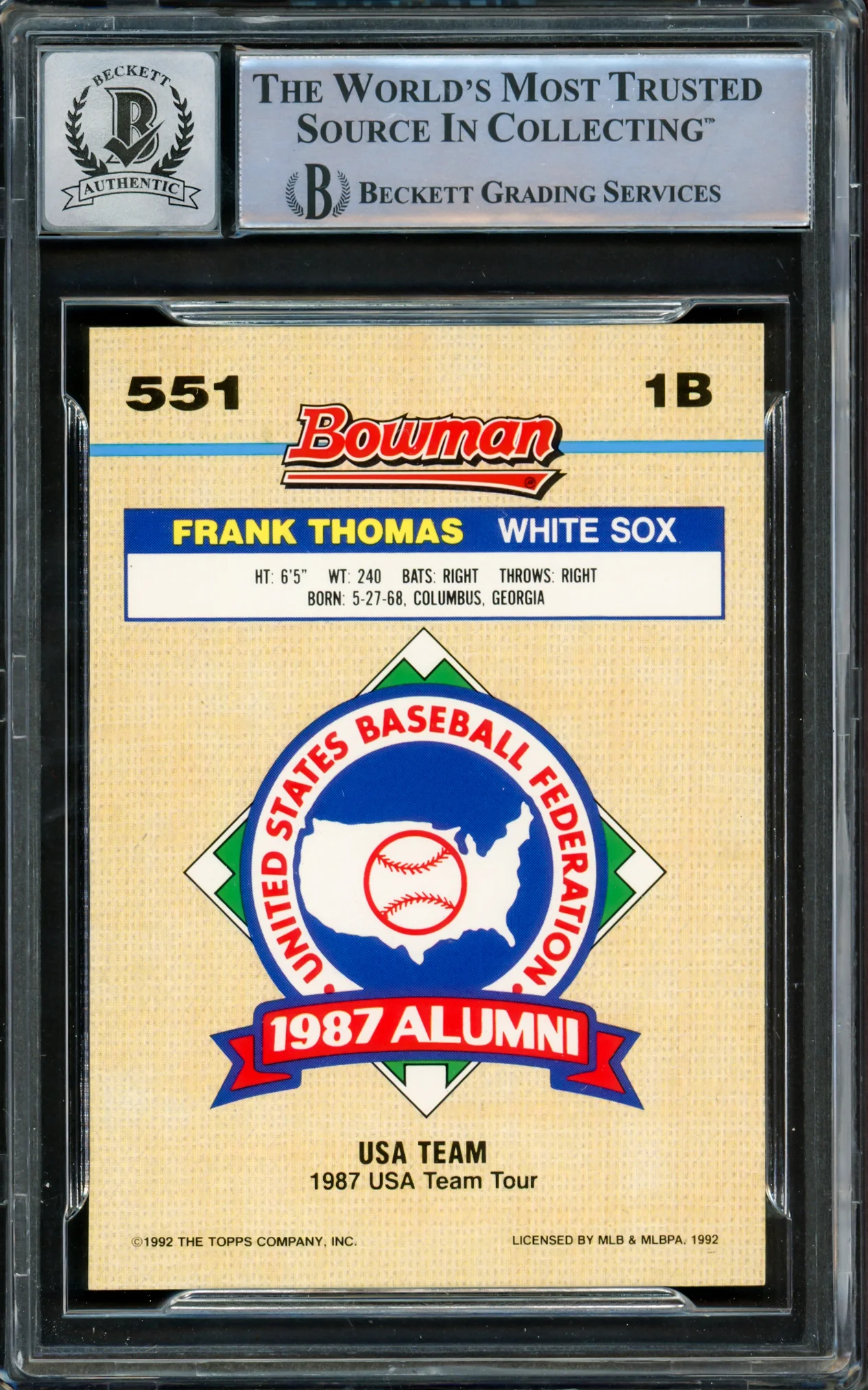 Frank Thomas Autographed 1992 Bowman Gold Foil Card #551 Chicago White Sox Auto Grade Gem Mint 10 Beckett BAS #15860897 - Image 2