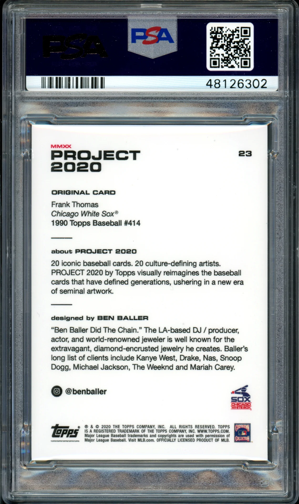 Frank Thomas Autographed 2020 Topps Project Ben Baller Card #23 Chicago White Sox Auto Grade 10 Card Grade Mint 9 PSA/DNA #48126302 - Image 2