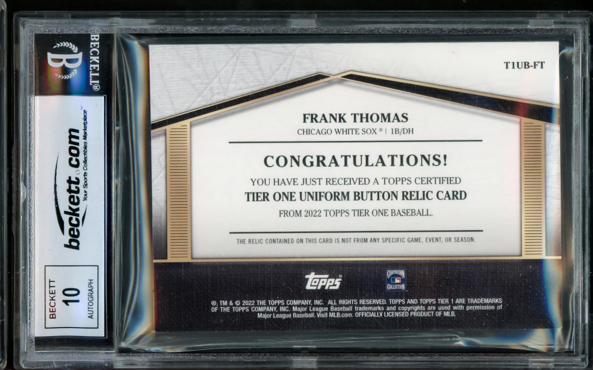 Frank Thomas Autographed 2022 Topps Tier One Uniform Button Relic Card #T1UB-FT Chicago White Sox Auto Grade Gem Mint 10 #3/5 Beckett BAS #15860970 - Image 2