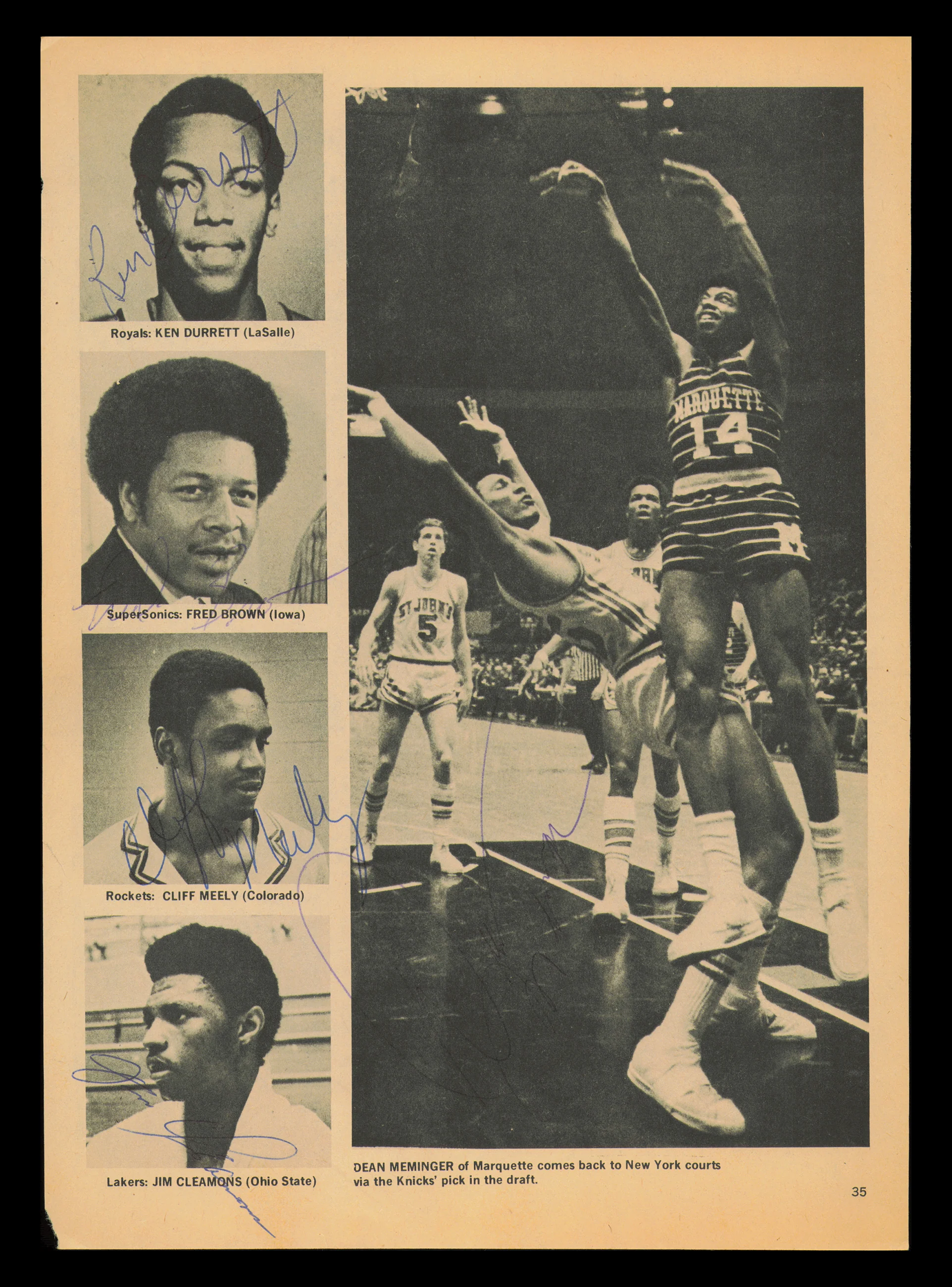 Fred Brown, Ken Durrett, Cliff Meely, Jim Cleamons & Dean Meminger Autographed 8x11 Magazine Photo SKU #238060