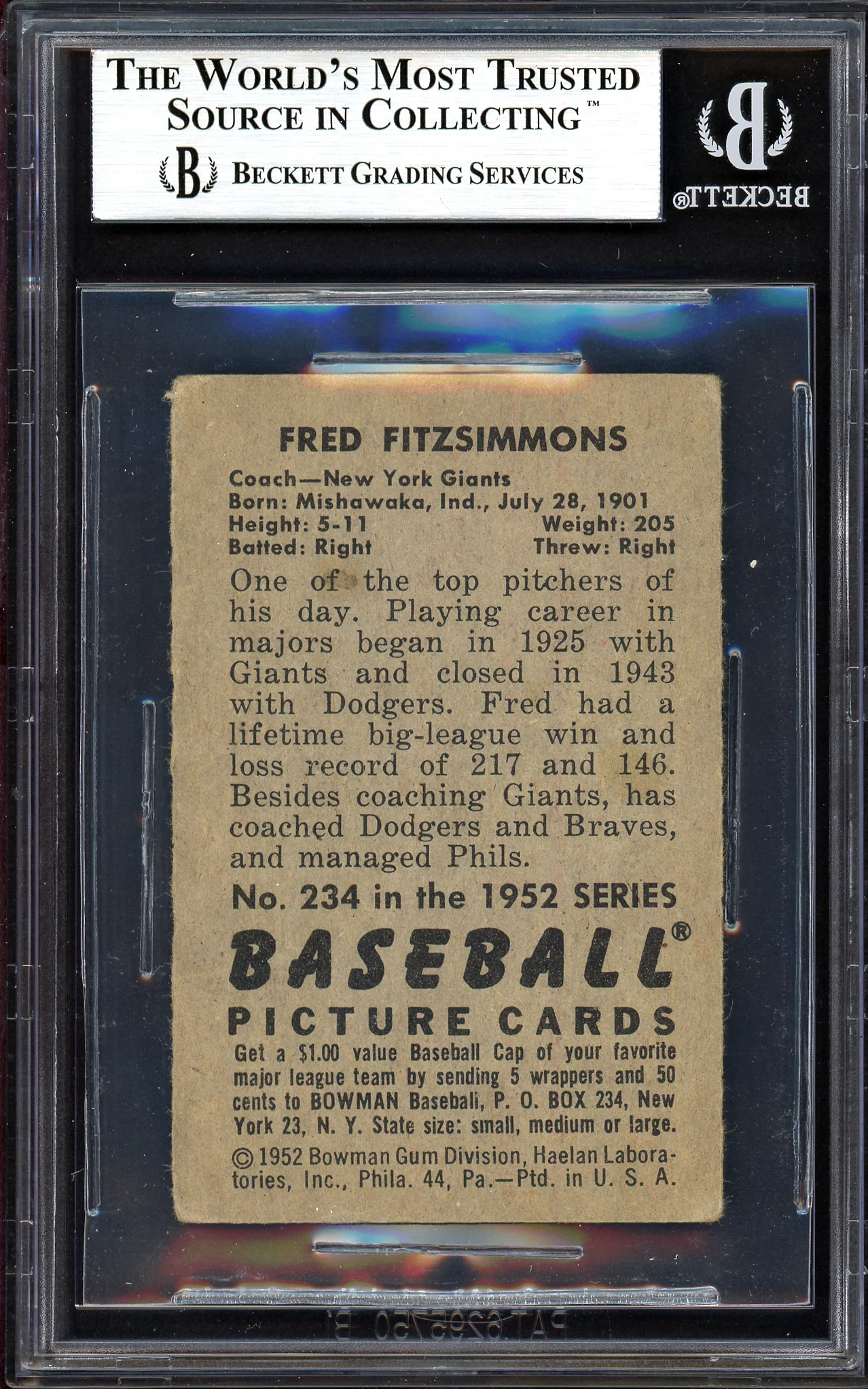 Fred Fitzsimmons Autographed 1952 Bowman Card #234 New York Giants Beckett BAS #13608022 - Image 2