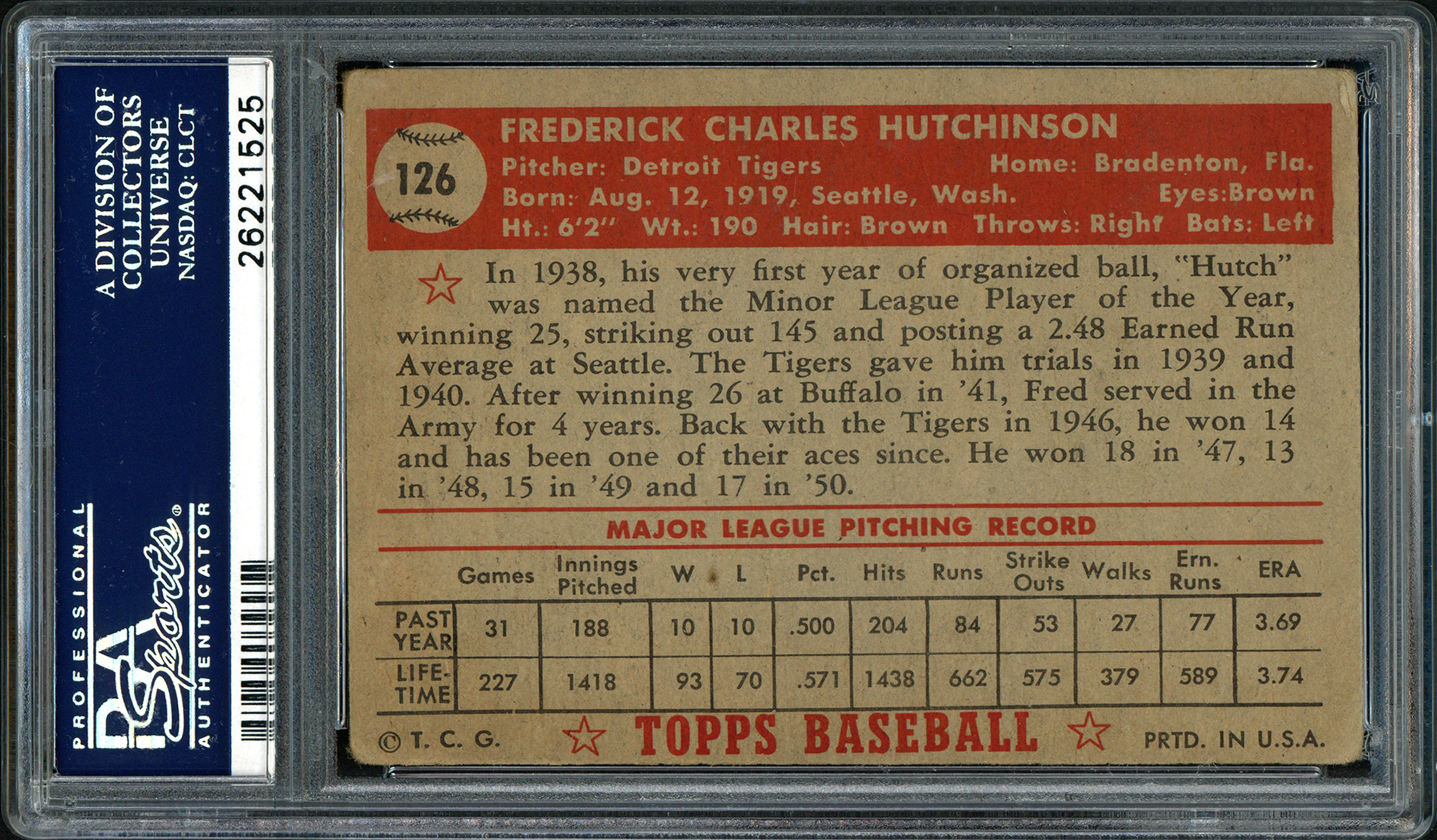 Fred Hutchinson Autographed 1952 Topps Card #126 Detroit Tigers PSA/DNA #26221525 - Image 2