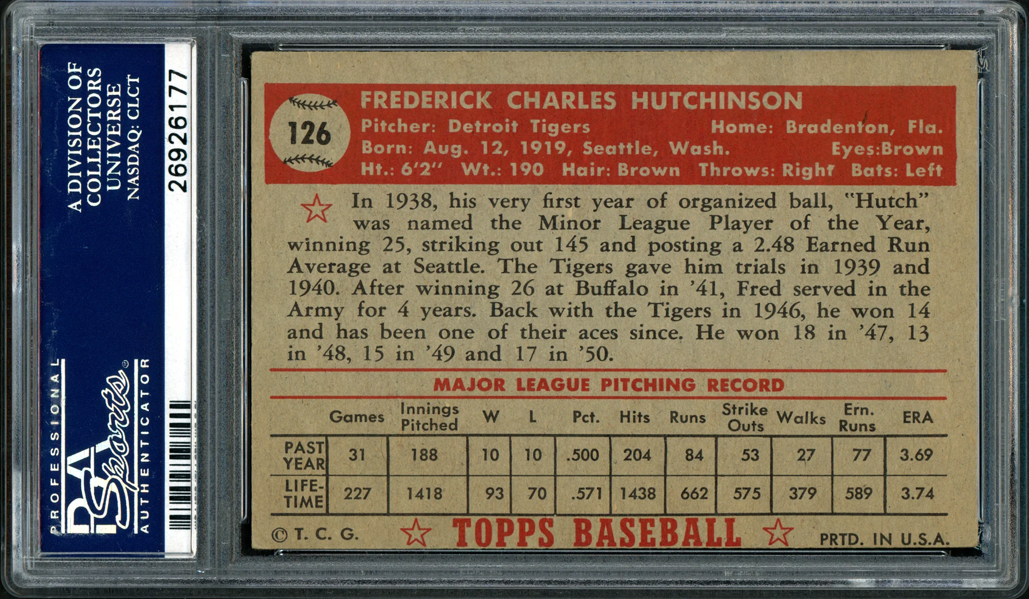Fred Hutchinson Autographed 1952 Topps Card #126 Detroit Tigers PSA/DNA #26926177 - Image 2