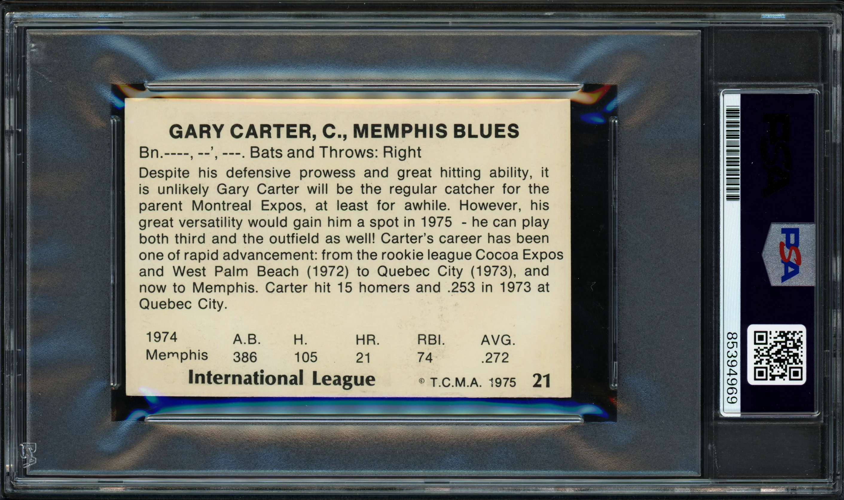 Gary Carter Autographed 1975 T.C.M.A. Rookie Card #21 Montreal Expos PSA/DNA #85394969 - Image 2